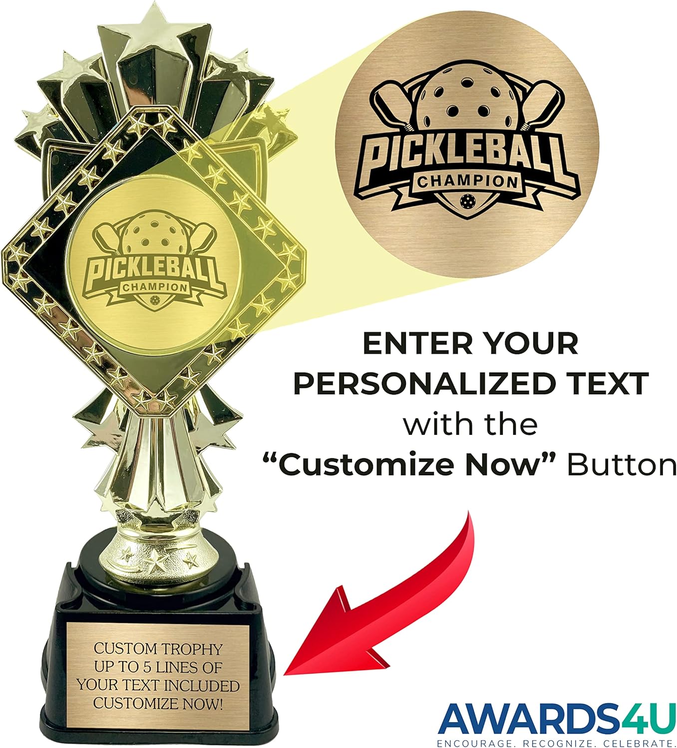 Pickleball Trophy - Personalized Tournament Champion Award - Custom Engraved Plate Included - 9-Inch Tall Winner Trophy for Game or Tournament - Perfect for 1st Place Finishers - Customize Now!