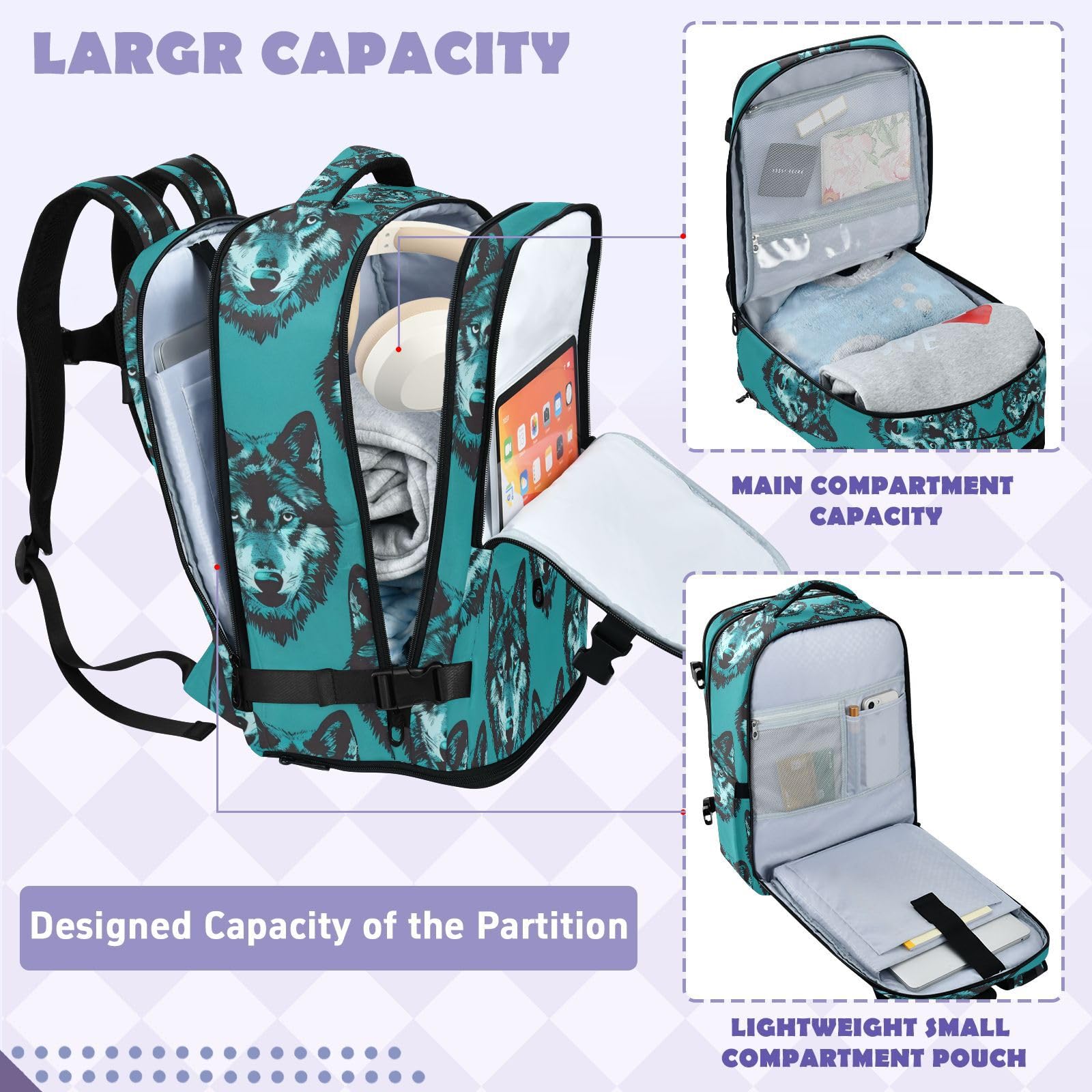 Plecak Torba na laptopa 15-calowa torba na laptopa do szkoły 20 l | Stylowa torba podróżna stary styl zwierzę wilk turkus podróż niezbędnik do samolotów mochilas para hombre 20L
