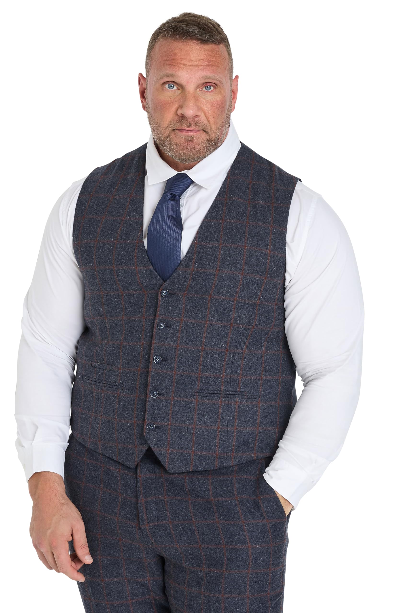 Badrhino Men's Navy Tailoring Big & Tall Blue & Red Checked Tweed Waistcoat - Plus Size Curve