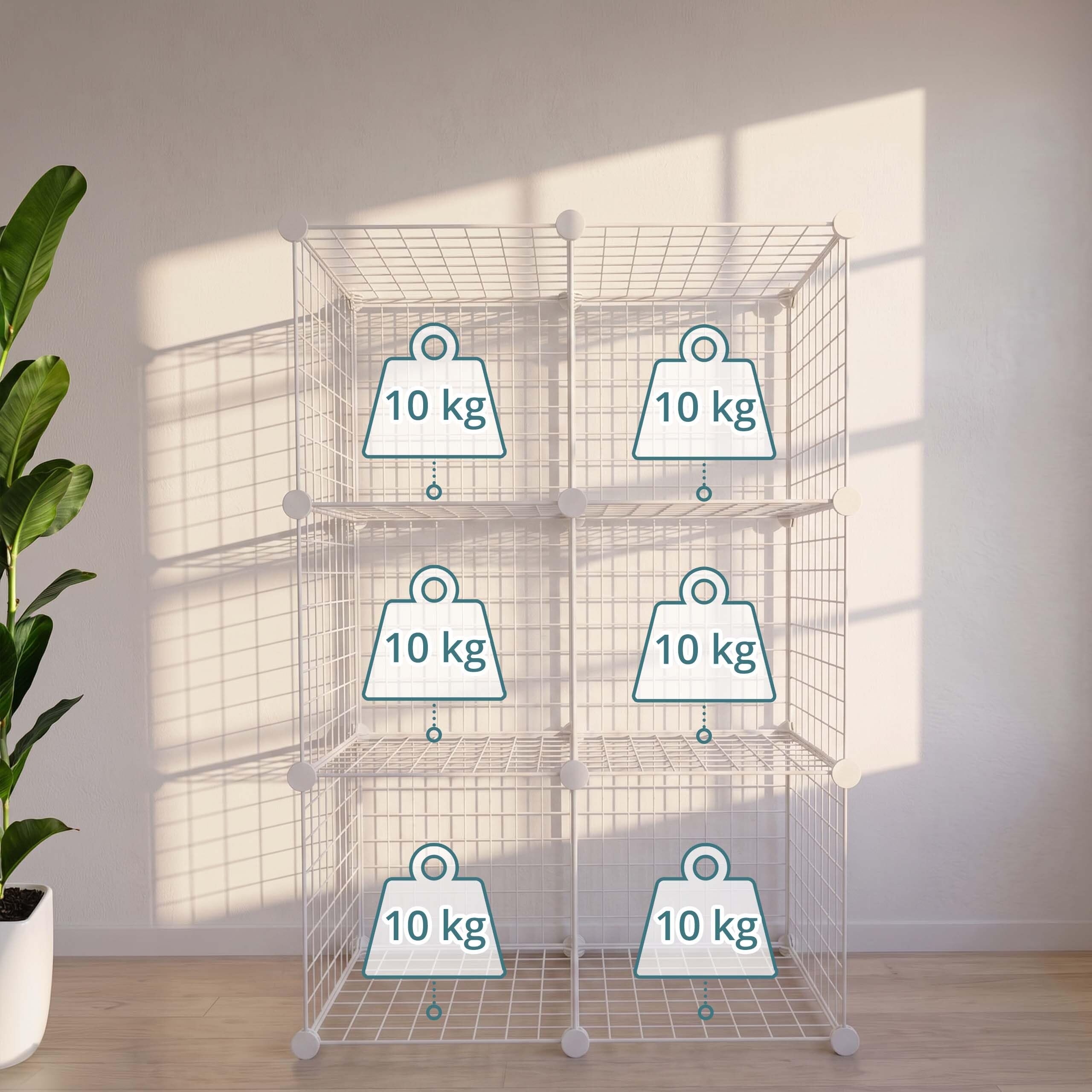 Relaxdays estantería Modular de Cubos, 6 Cubos, DIY, 110x37x75 cm, Rejilla metálica, Blanco