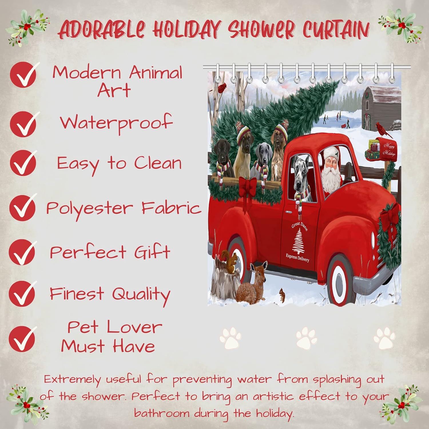 Christmas Santa Express Delivery Red Truck Great Dane Dog Shower Curtain - Waterproof Polyester One-Side Printing Pet Bathtub Curtain Decor Curtain for Bathroom with Hooks, 36"x72"