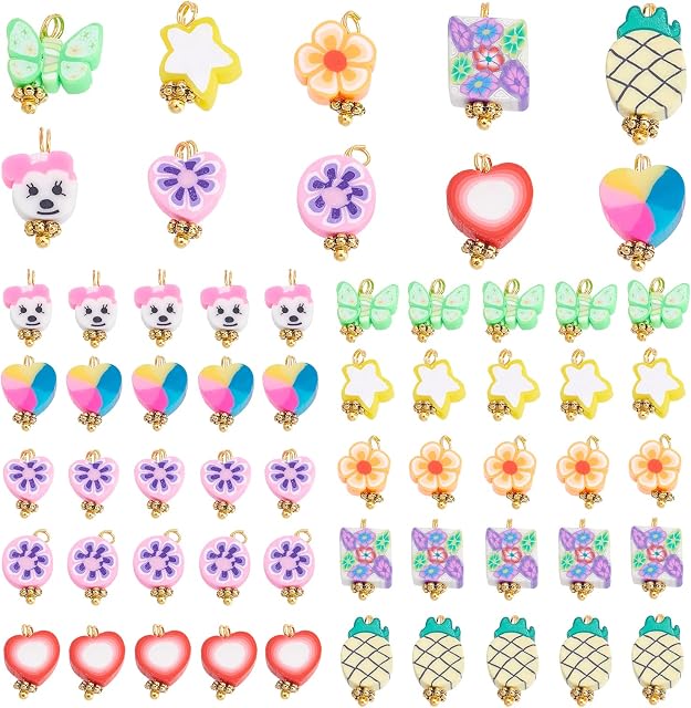 PandaHall 100pcs Polymer Clay Pendant 10 Styles Rainbow Heart Clay Charms Colorful Cute Butterfly Rabbit Strawberry Flower Fruit Animal Charm with Brass Findings for Boho Jewellery Making