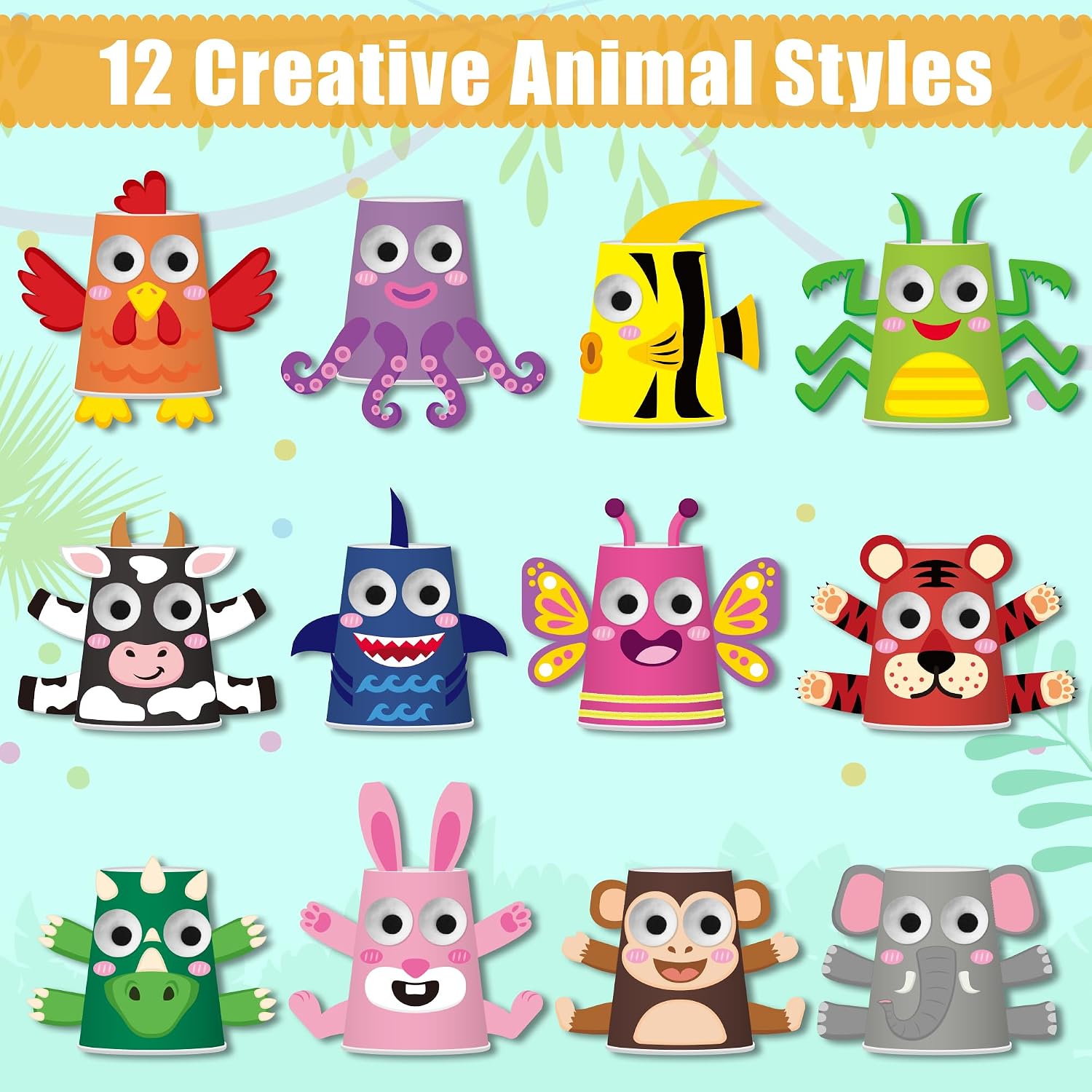 BeYumi Animal Art Craft Kit - 12Pcs Animal Theme Arts and Crafts for Kids Toddler DIY Paper Cup Craft Kit 12 Cartoon Animals Project DIY Gift Birthday Party Preschool Classroom Fun Activity Ages 3-6