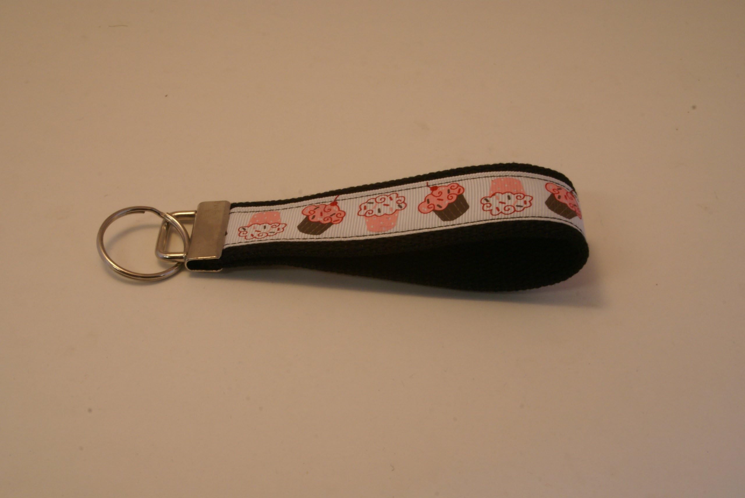 Wristlet Key Fob Larger 6 Inch White Pink Cupcakes Black