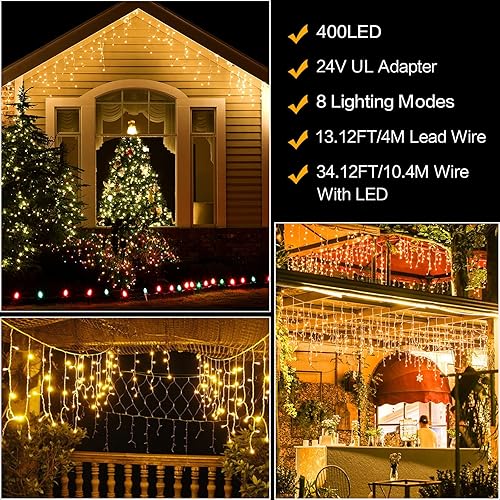 Miniatura 4 de Techip Luces de Navidad de Halloween para exteriores, 33 pies, 400 luces LED de carámbano para exteriores, tira de luces de cortina enchufable,