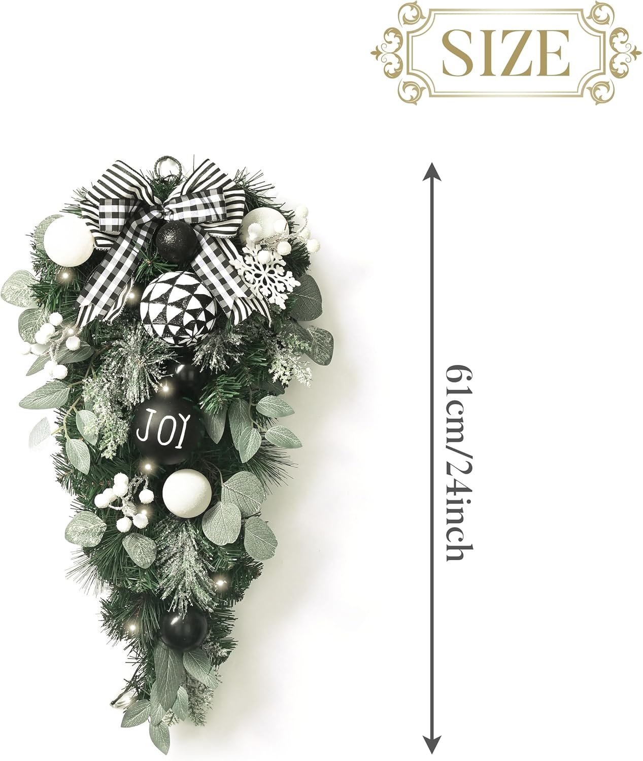 Valery Madelyn 24 Inch Christmas Teardrop Swag for Decorating Outdoor, Black White Mailbox Swag Decoration with 20 LED Lights, Xmas Ornament for Front Door Stairway Window Shelf Home Decor Party Gift