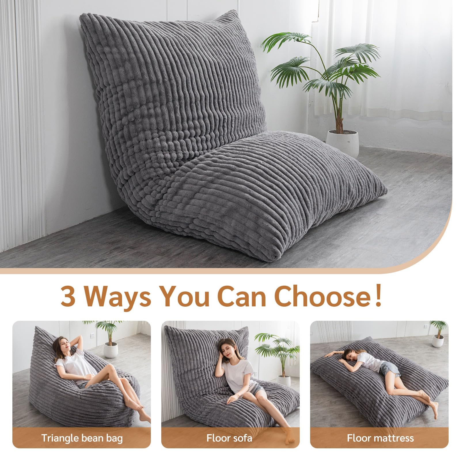 MAXYOYO Riesiges Sitzsack-Bett, quadratischer Sitzsack-Stuhl, großes Sofa mit Kunstfellbezug und Flauschiger Füllung für Erwachsene, Paare, Gäste (3D Streifen-Grau, 135x190 cm)
