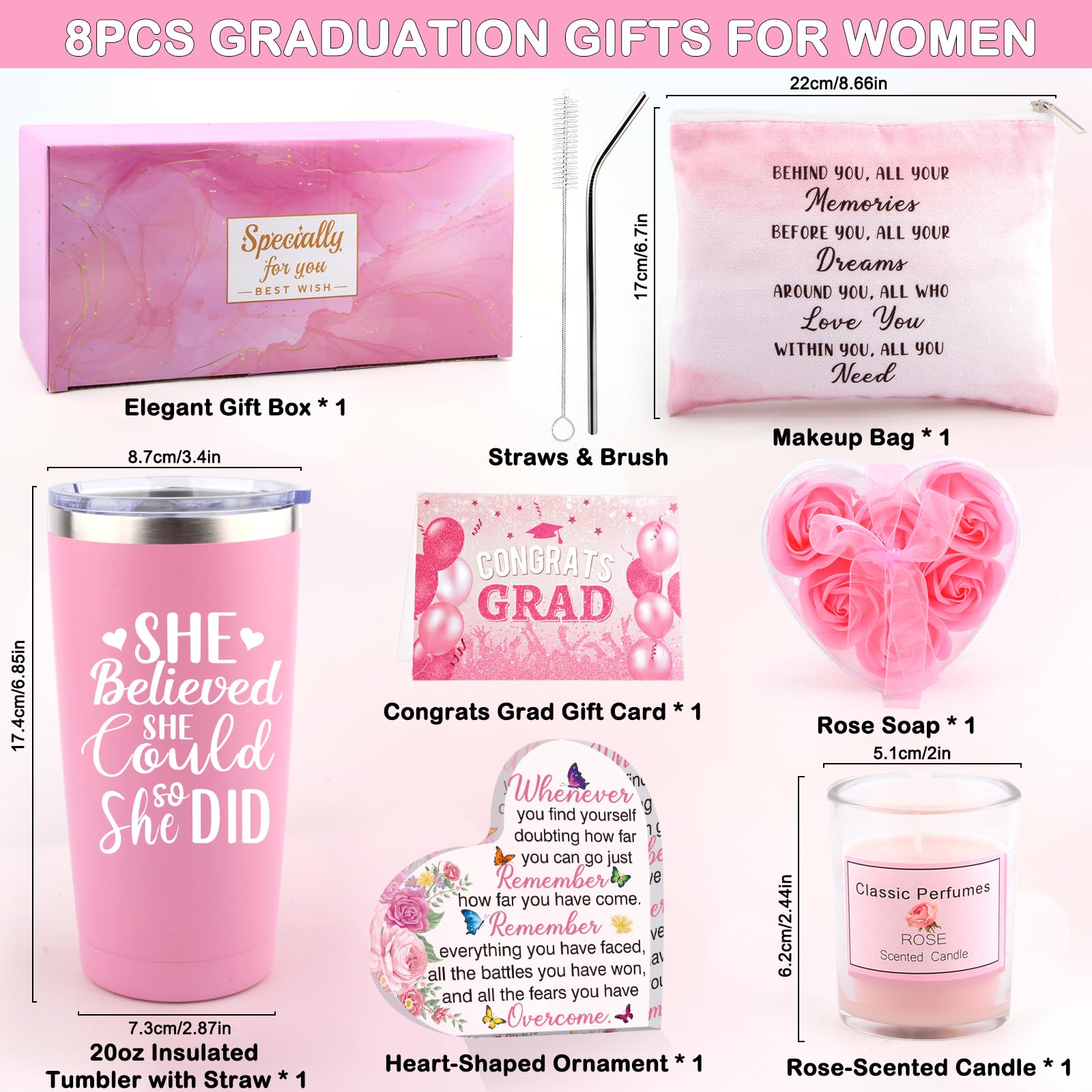 Graduation Gift for Her 2026, 8-in-1 Congratulations Gifts for Women with 20oz Insulated Tumbler, Rose-Scented Candle, Makeup Bag, High School/College Graduation Gifts for Daughter Sister Friend