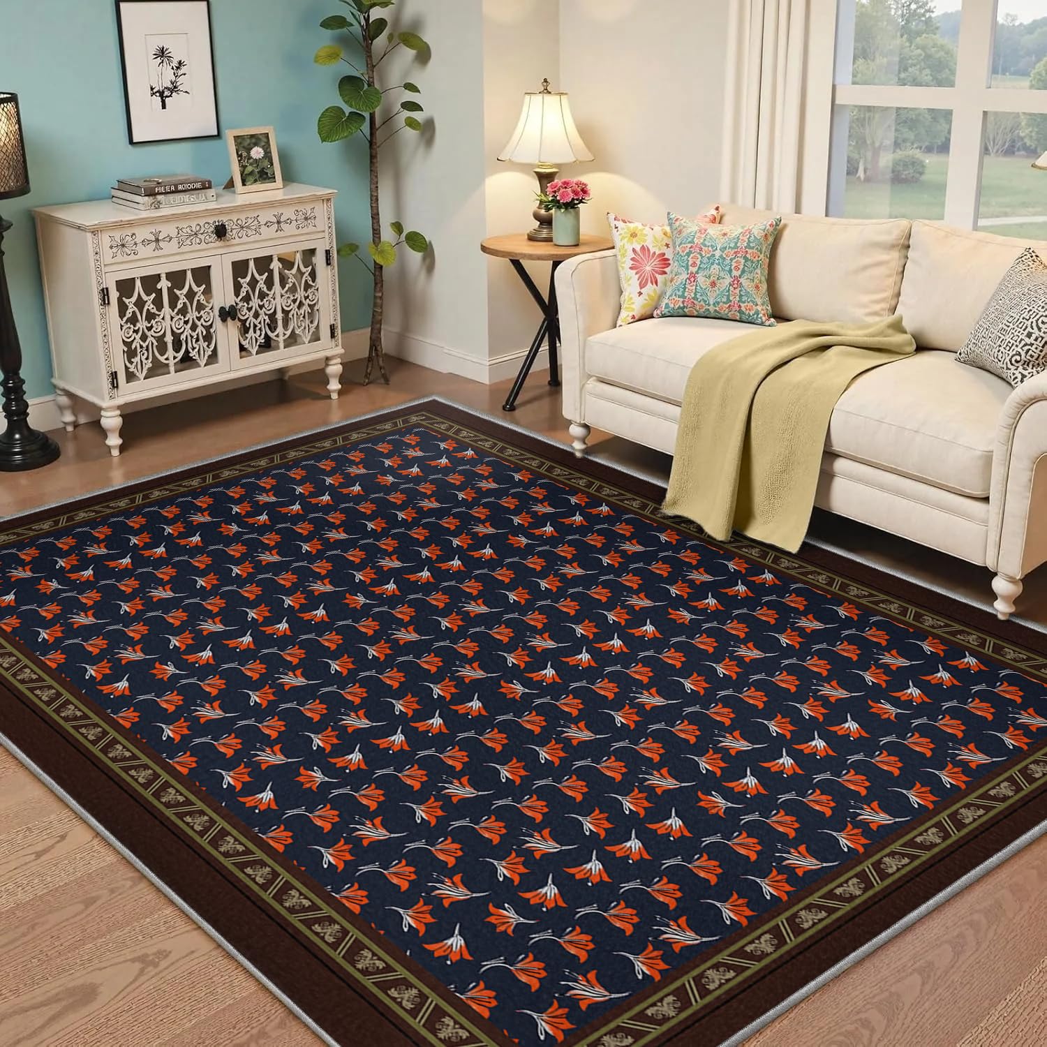 Tapis poil bas et pliable bleu marine avec carpette fine vintage pour lit