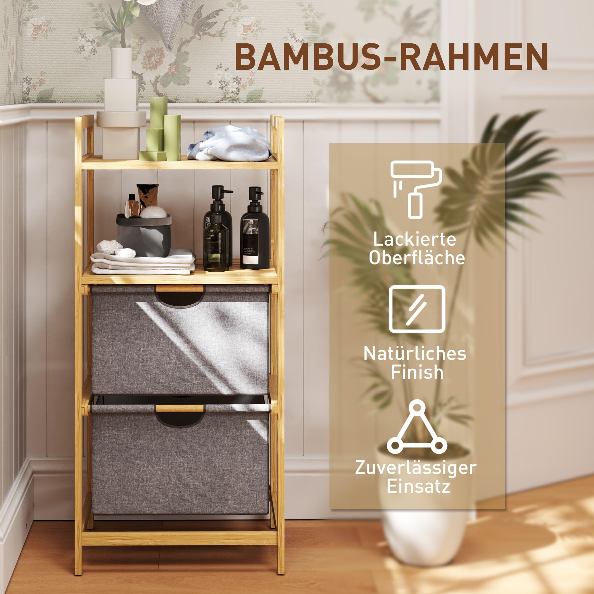 HOMCOM Wäschekorb 35,4 L mit 2 Wäschekörben aus Stoff, mit Griff, Natur | Wäschesammler, Offene Ablagen, Wäschebox, für Badezimmer, Bambus
