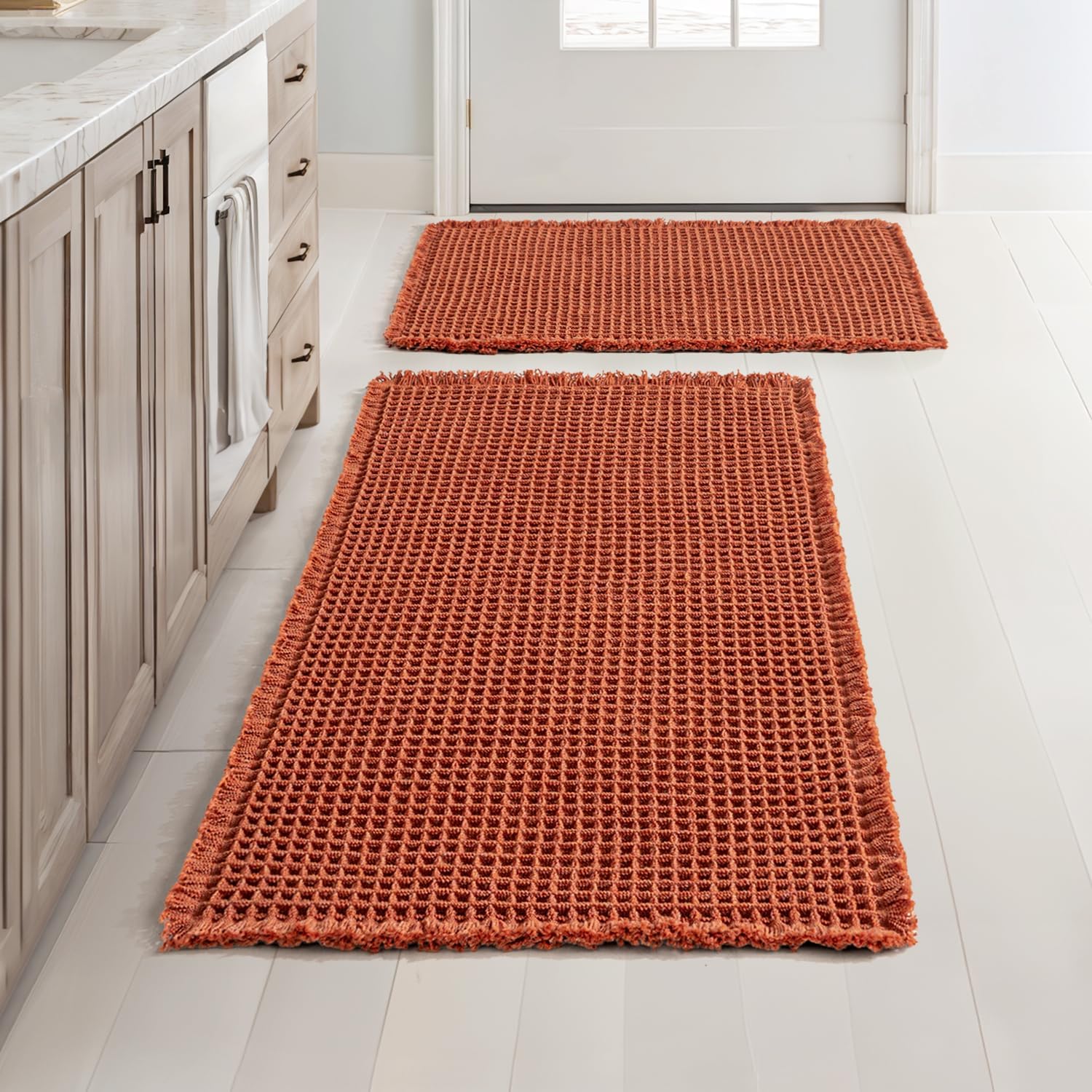 MIULEE Fall Orange Set of 2 Waffle Bathroom Rugs, Boho Bath Rugs Non Slip Washable, Super Absorbent Bath Mats, Ultra Soft Rubber Backed Shower Mats for Bathroom Floor, Tub, 17"x24"+18"x30" 17''x24'' + 18''x30'' Orange