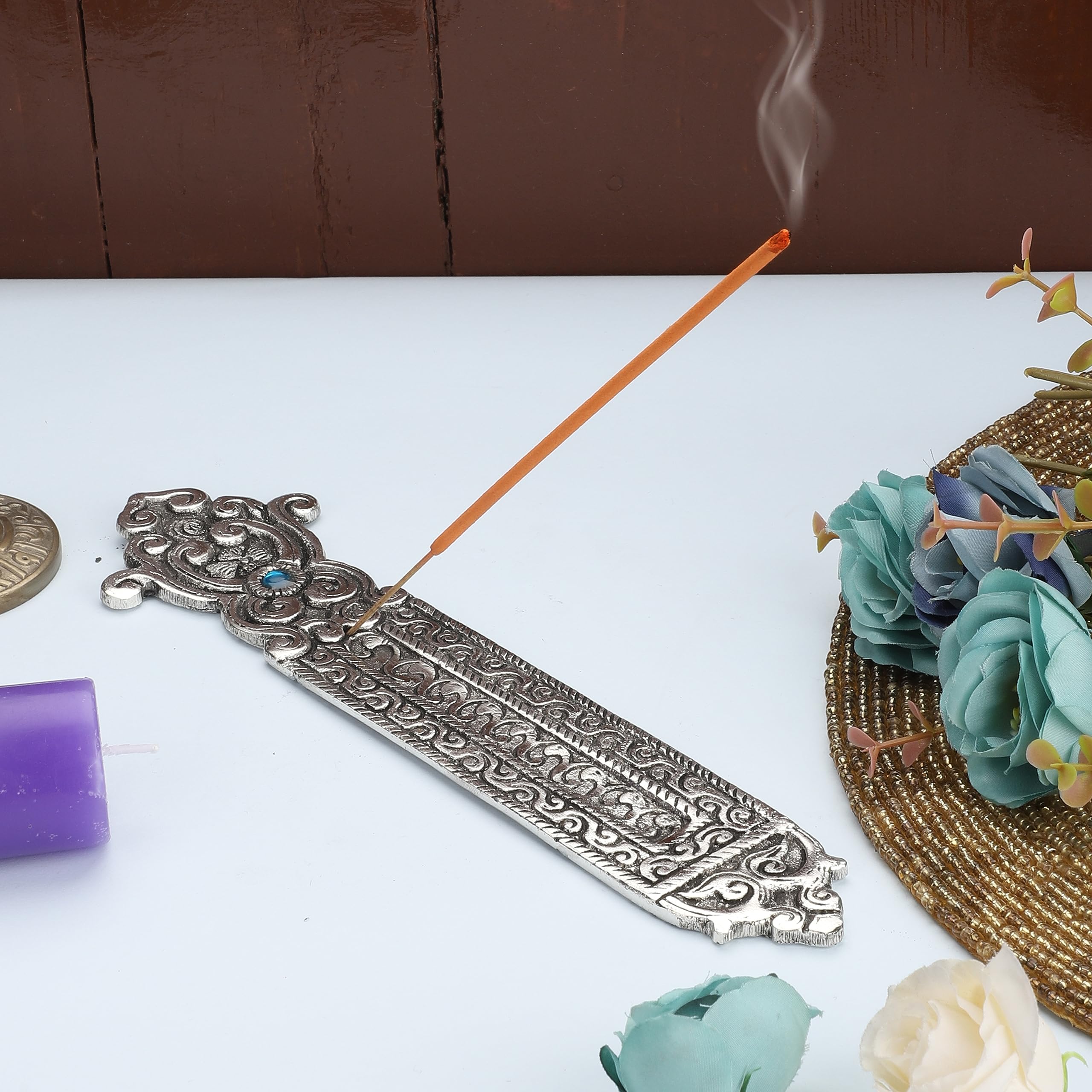 Bruciatore D'Incenso In Alluminio Ajuny, Design Rosa Tibetano 24 Cm, Porta Incenso A Forma Di Foglia Finitura Argento Per Meditazione E Casa - 2