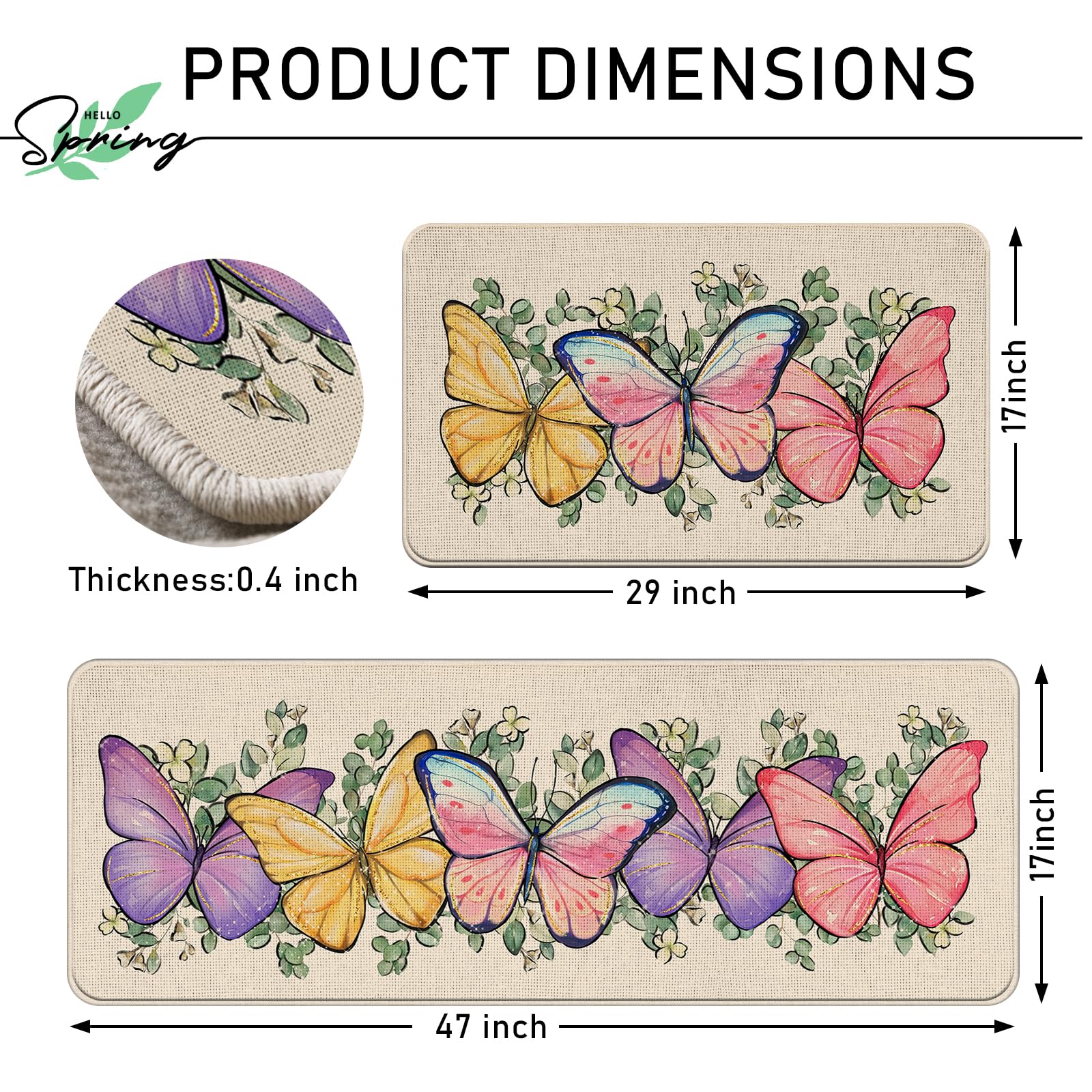 Tailus Spring Summer Colorful Butterfly Kitchen Rugs Set of 2, Eucalyptus Leaves Kitchen Mats Decor, Seasonal Floor Door Mat Home Decorations -17x29 and 17x47 Inch