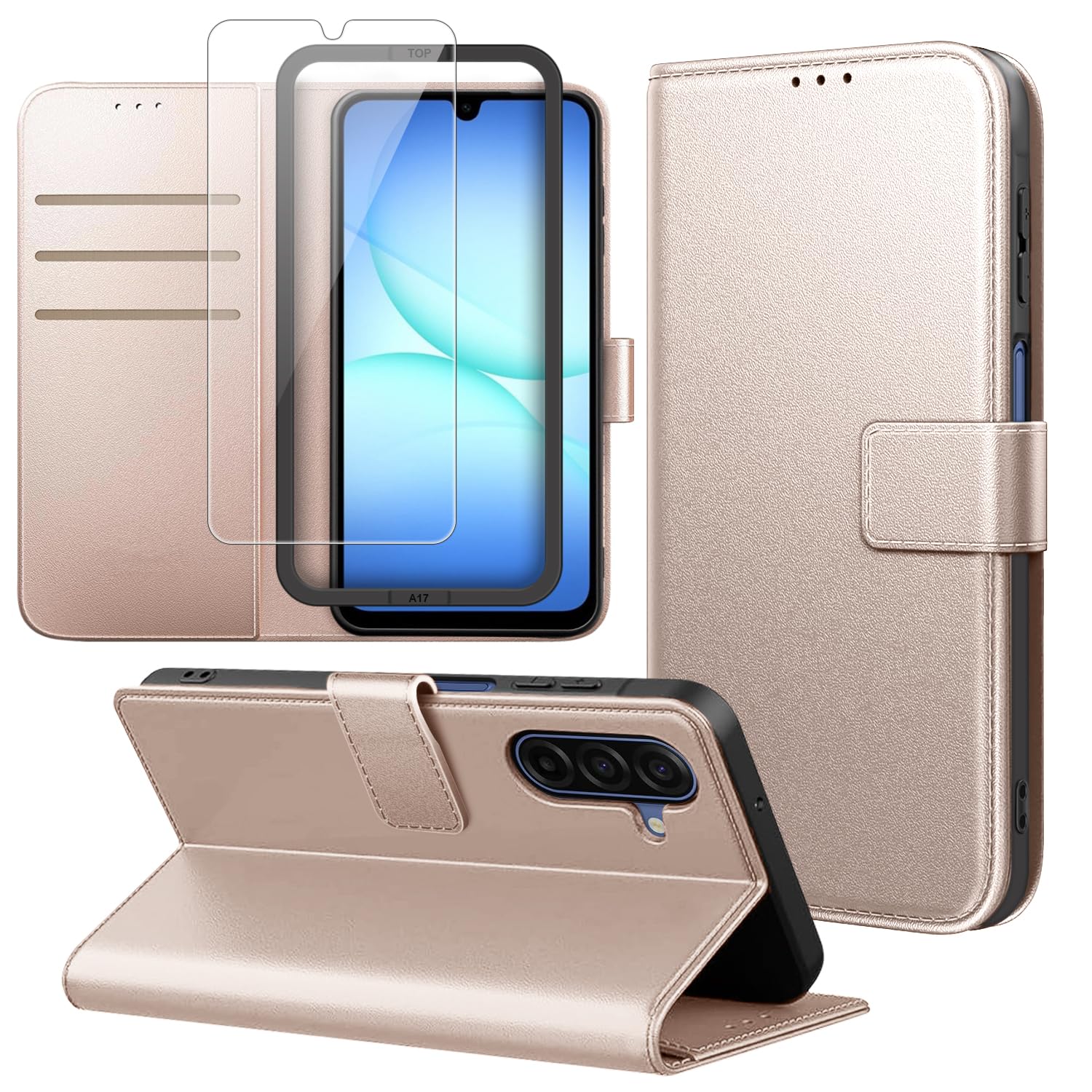 Ysjisy Cover Compatibile con Samsung Galaxy A17 4G/ 5G, con 1 Pezzo Vetro Temperato Pellicola Protettiva e 1 Pezzo Strumento di Installazione Semplice, Premium Pelle PU Libro Flip Custodia - Oro Rosa