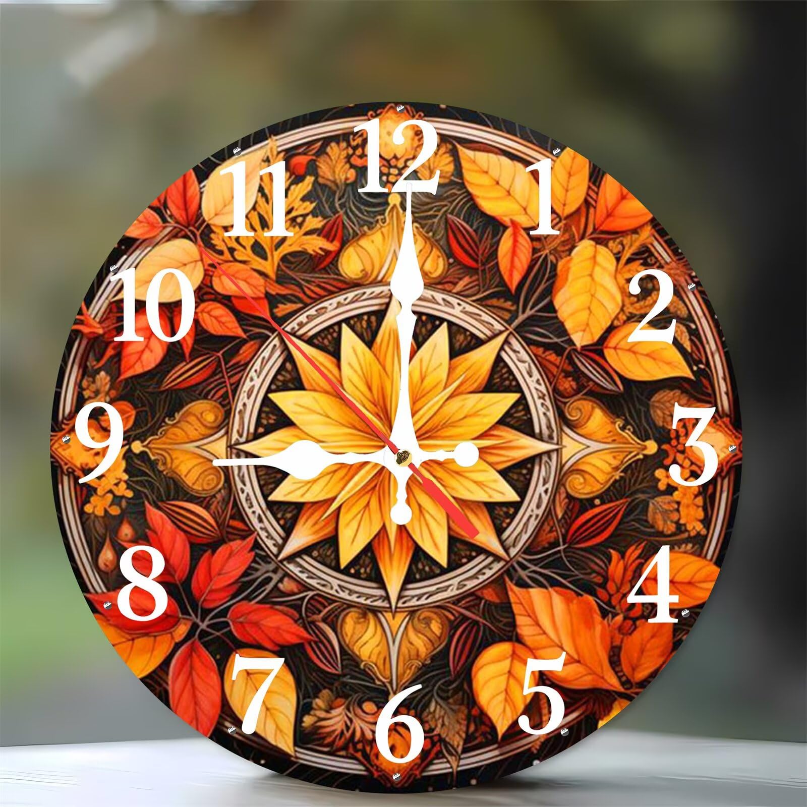 Jinmer 10 Inch Wall Clock,Autumn Leaves Modern Silent Non ticking Clocks, Wooden Frameless Round Easy to Read wall clock for Kitchen/Living Room/Bedroom/Bathroom