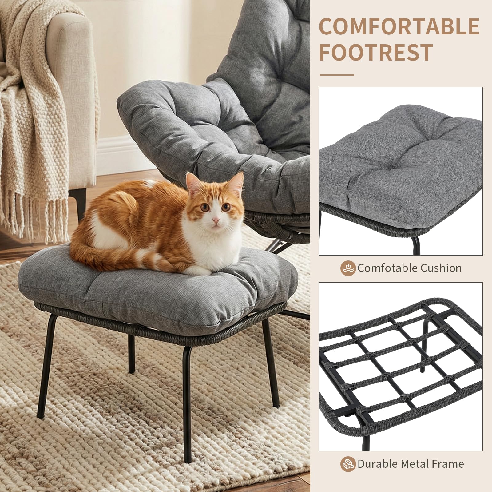 LIFERUN Fauteuil à bascule en rotin avec tabouret, résistant aux intempéries, avec rembourrage épais amovible, charge de 150 kg, pour jardin, balcon, salon
