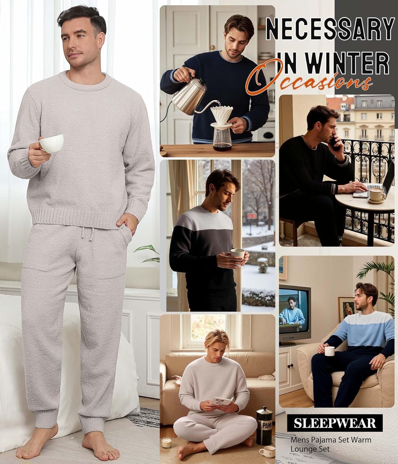 Mens Winter Pajamas Set Soft Warm Round Collar Long Sleeve Sleepwear Comfy Loungewear Pjs with Pockets - Image 6