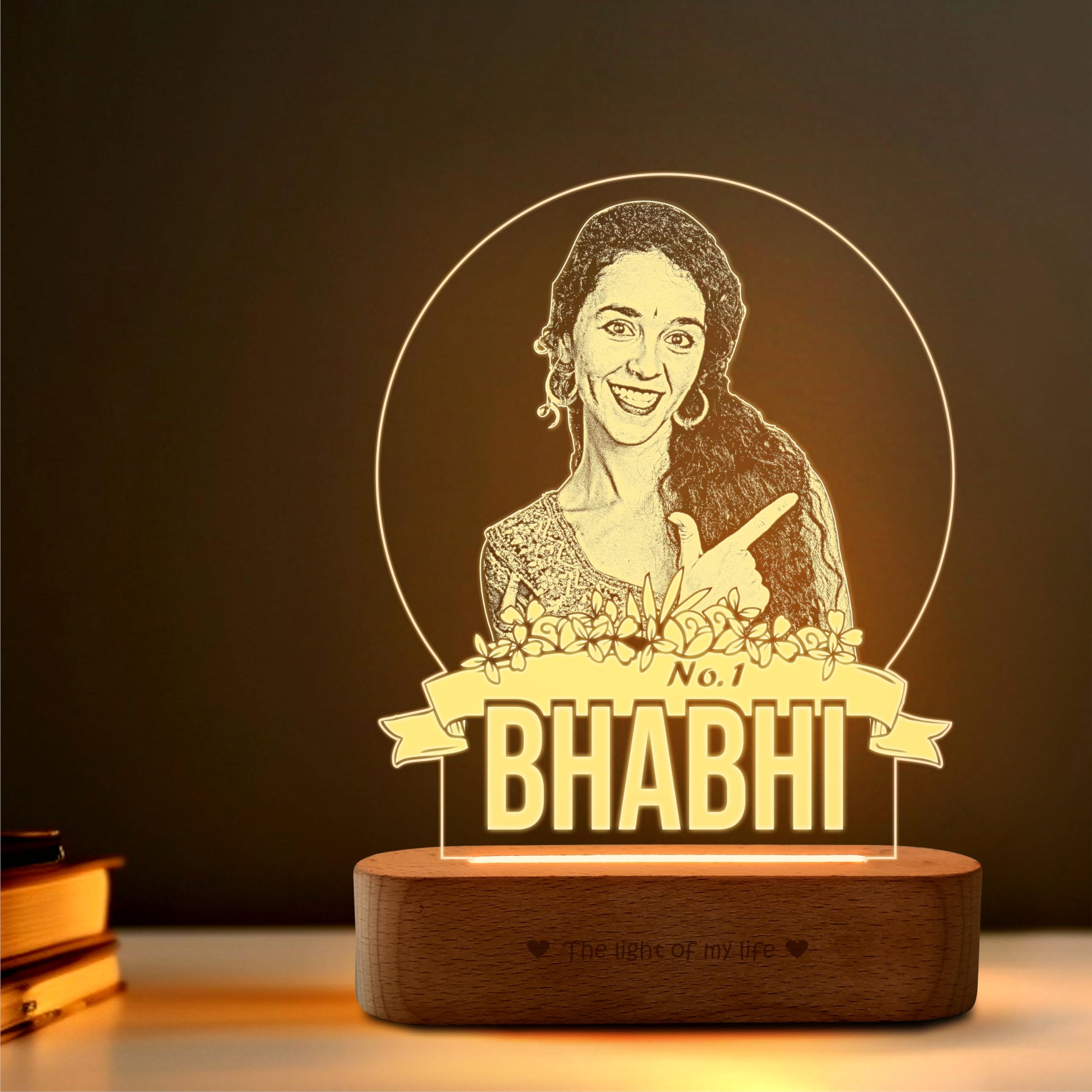 ZOCI VOCI Personalized Rakhi Gift for Bhabhi, Custom UV Printed LED Photo Lamp, Warm White Acrylic Night Lamp with Wooden Base, Customized Photo Gift for Sister-in-Law, Rakshabandhan Gift