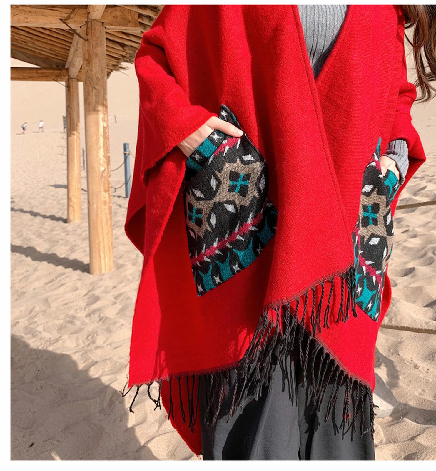 Sciarpa Donna Sciarpa in Cashmere Imitazione con Grandi Fessure per Uomini E Donne Scialle Sciarpa Autunno E Tasca Invernale Cape Shawl-rosso-130 * 150 Cm