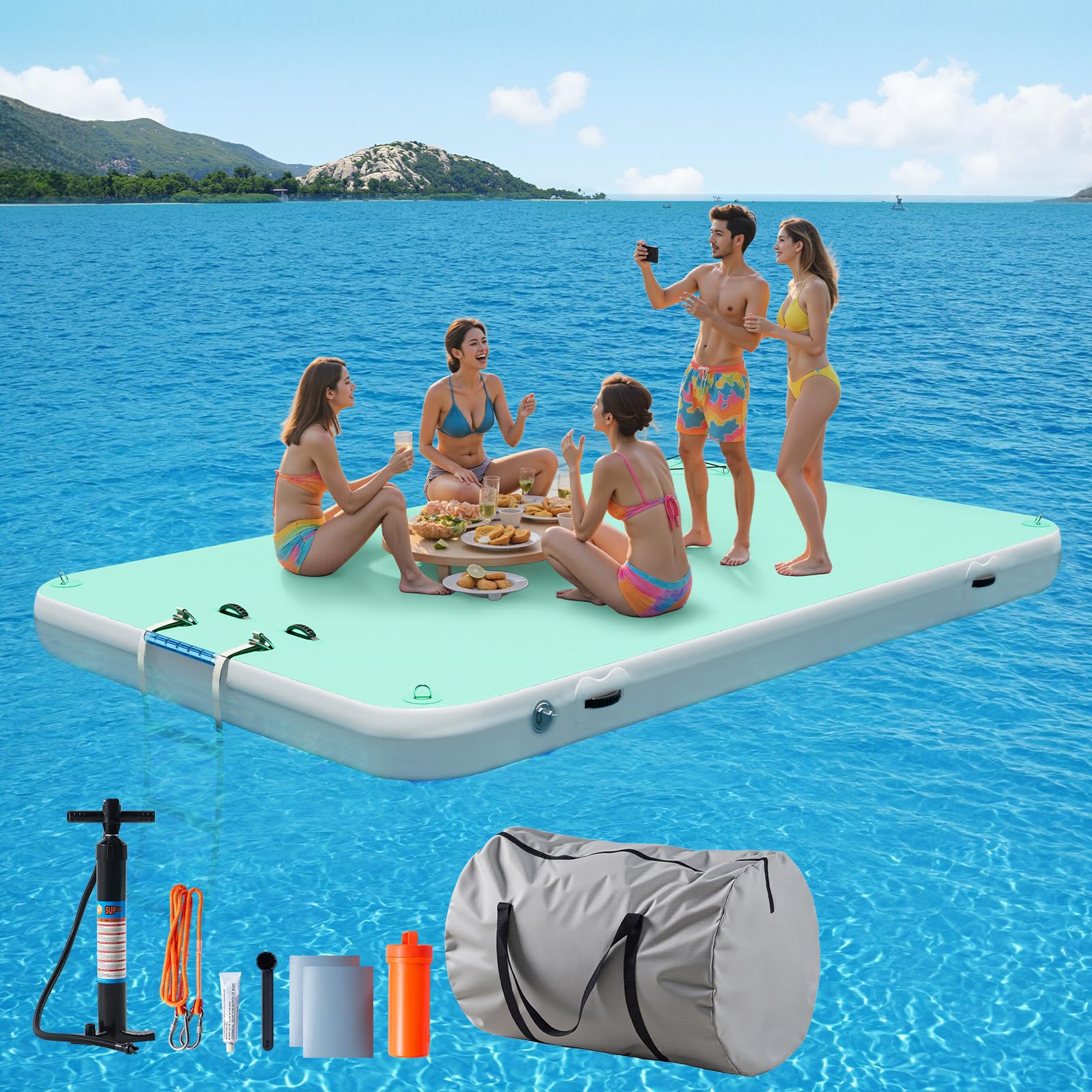 Albott Inflatable Floating Dock, 10x6 Ft with Portable Carry Bag and Ladder, Heavy-Duty Non-Slip Surface Water Platform, Floating Platform Supports 5-6 People, 1000 Lbs, Green