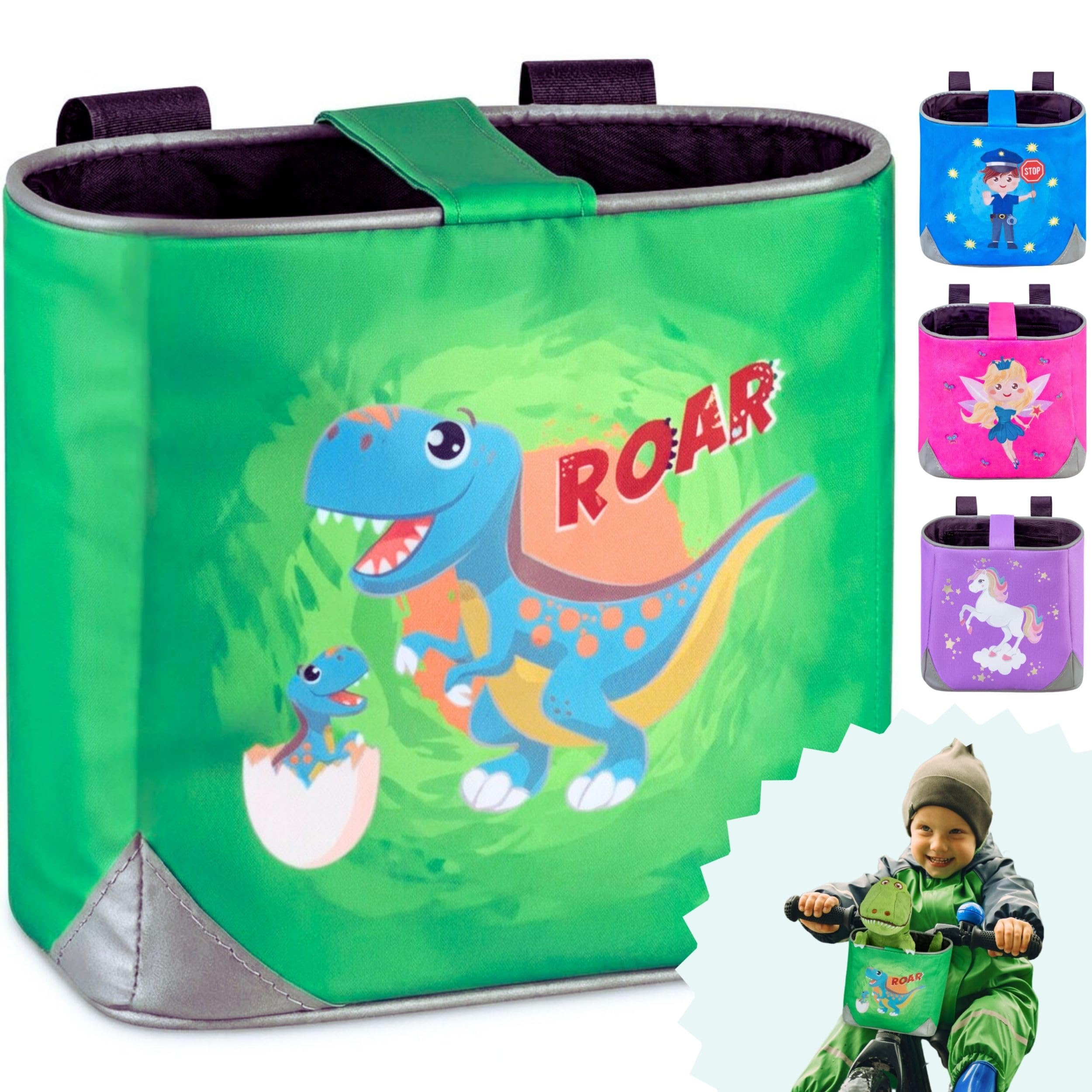 wonneklein Lenkertasche Dinosaurier - Fahrradtasche für Kinder - für Laufrad, Fahrrad, Dreirad & Roller - kompatibel mit Woom & PUKY - mit Stofflasche & Klettverschluss - Geschenk Ostern