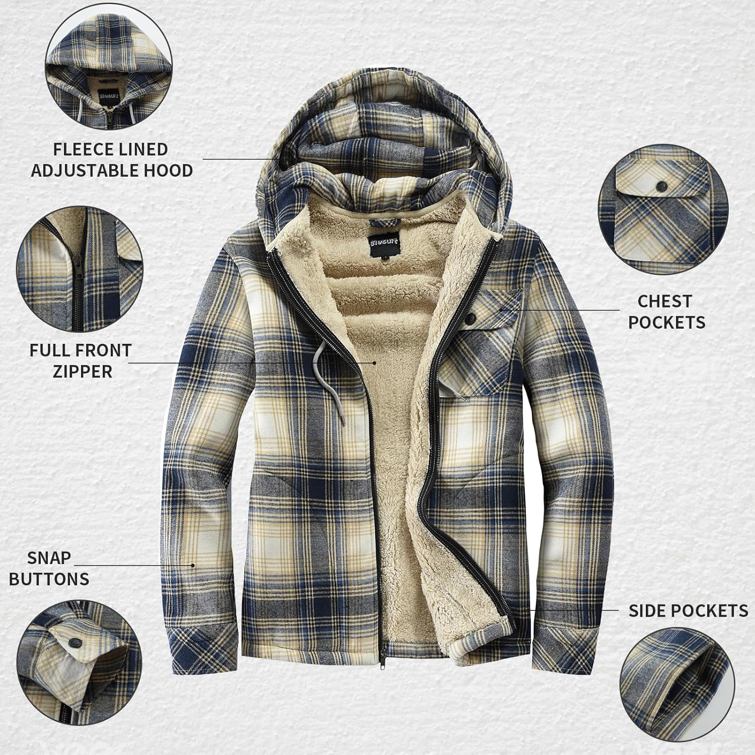 Elesuit Men's Full Zip Fleece Flannel Jackets Shirt Plaid Cotton Hoodies Soft Warm Coat for Men with Hood - Image 5