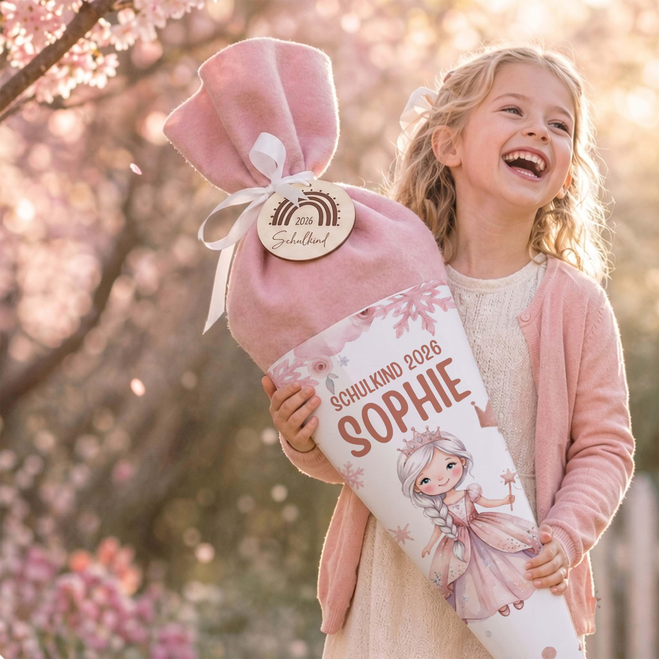 Personalisierte Schultüte mit Rohling, Filz-Stoff & Holzschild, Zuckertüte zur Einschulung Mädchen & Jungen, Einschulungsgeschenk 2026 - Prinzessin (Rosa)