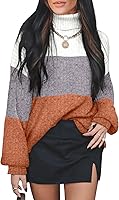 OFEFAN Women's Oversized Color Block Turtleneck Sweater - Plus Size Long Sleeve Fall Winter Top with Leggings