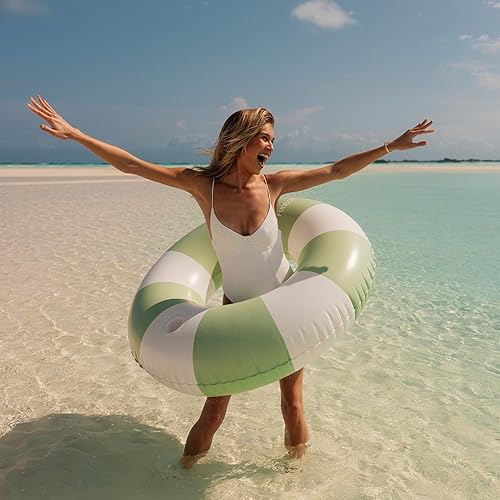 Vista 2 de FUNBOY Tubo inflable gigante vintage con rayas para piscina con portavasos 48" Gran flotador de piscina para adultos Juguetes de piscina