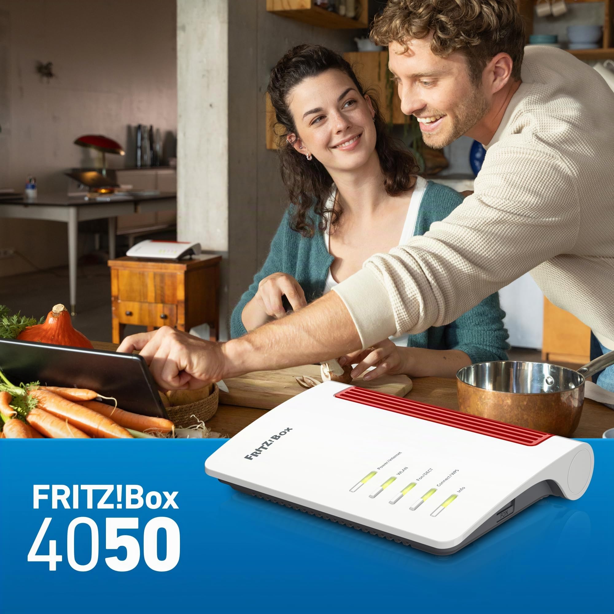 Fritz!Box 4050 | Routeur Mesh Wi-FI 6 |Wi-FI jusqu'à 3000 Mbit/s | 1 Port WAN Gigabit pour Connexion Internet sur Le Modem | 3 Ports LAN Gigabit | Base DECT | USB 2.0 | Version Internationale | Wi-Fi bi-bande (2,4/5 GHz), pour connexion à un modem fibre,