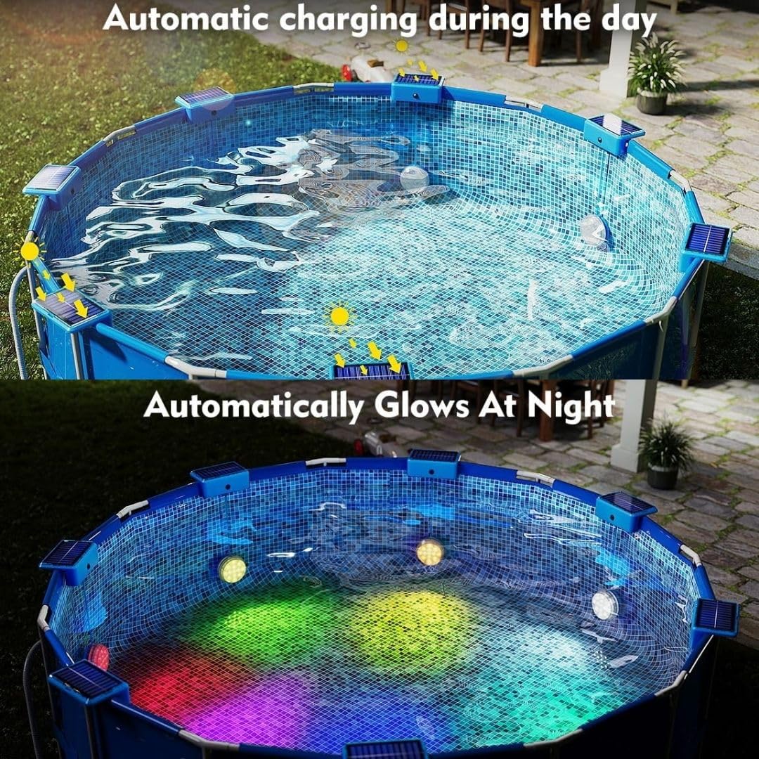 LED ATOMANT Pack 2x Luces solares para piscinas sin instalacion LED 2,6W RGB IP68, Cable 1m, Fijacion con adhesivo o tornillos, Luz solar piscina sumergible para decoracion, Iluminacion impermeable