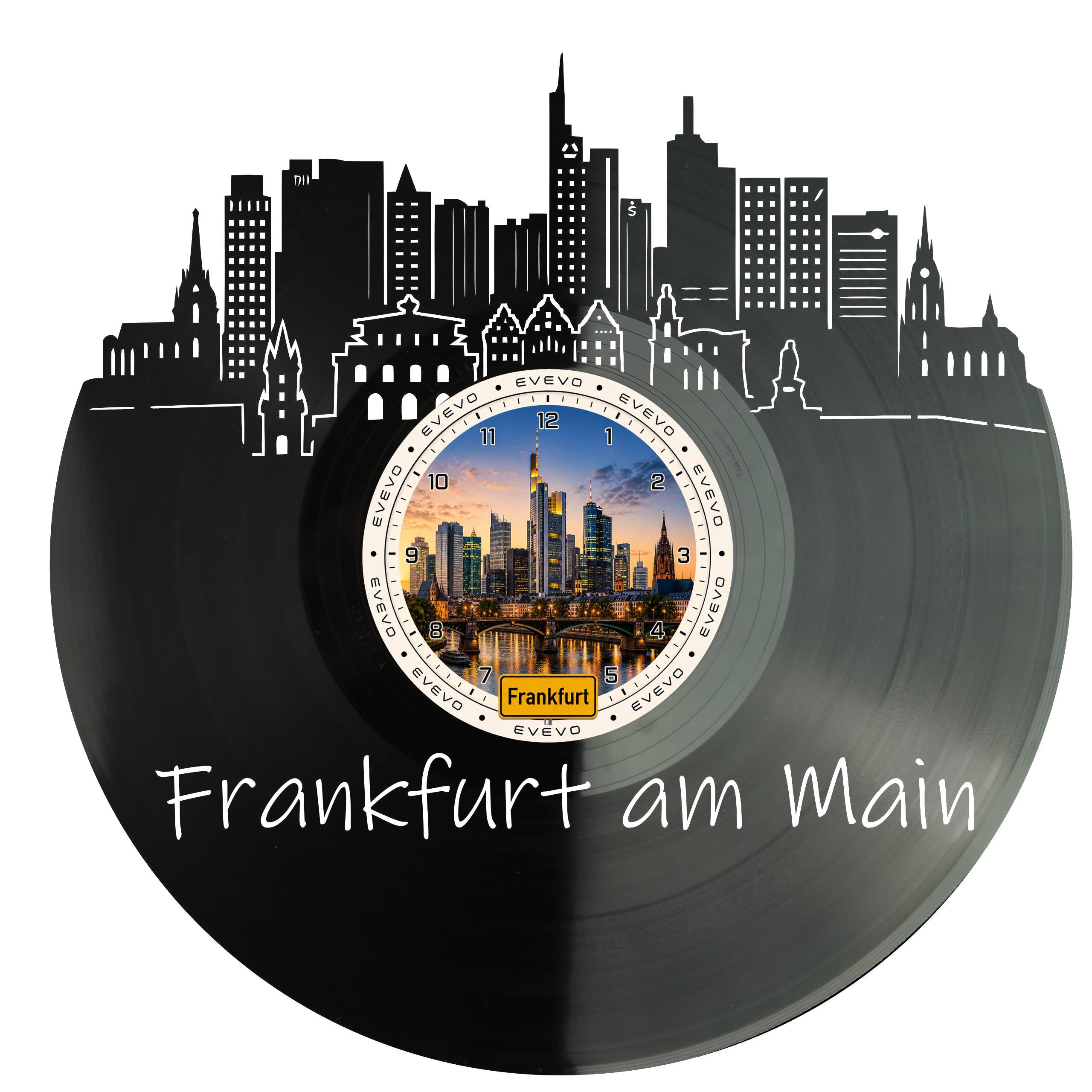 EVEVO Decorazione da parete a forma di disco di Francoforte, in vinile, decorazione da parete con skyline di Assia, regalo per i fan di Francoforte, amanti dei Romani di Mainhattan D0064