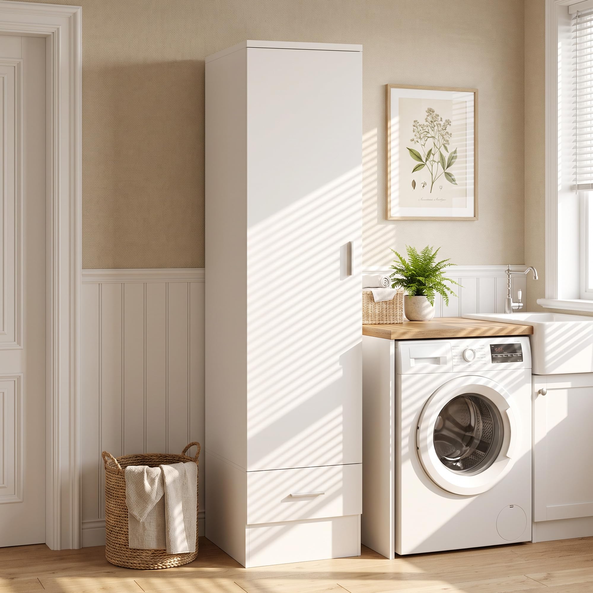HOMCOM Armario Dormitorio Moderno, Armario Ropero 40x52x170 cm Blanco | Barra para Colgar, Cajón, Estante Superior