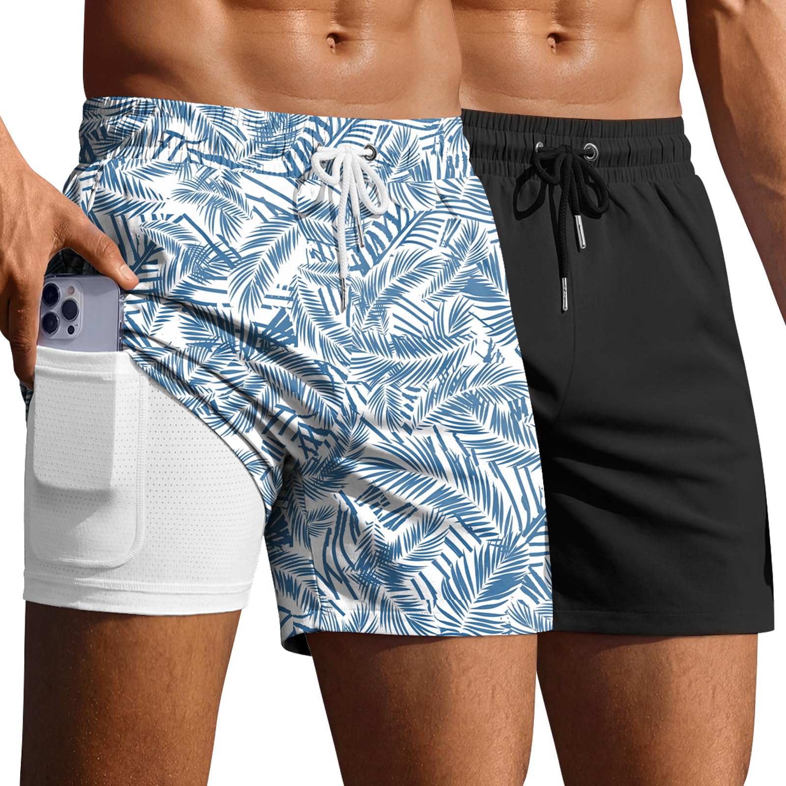 Ekouaer 2 Pack Men's Swim Trunks 5" with Compression Liner 2 in 1 Board Shorts Quick Dry Bathing Suit Swimwear Zipper Pocket - 1