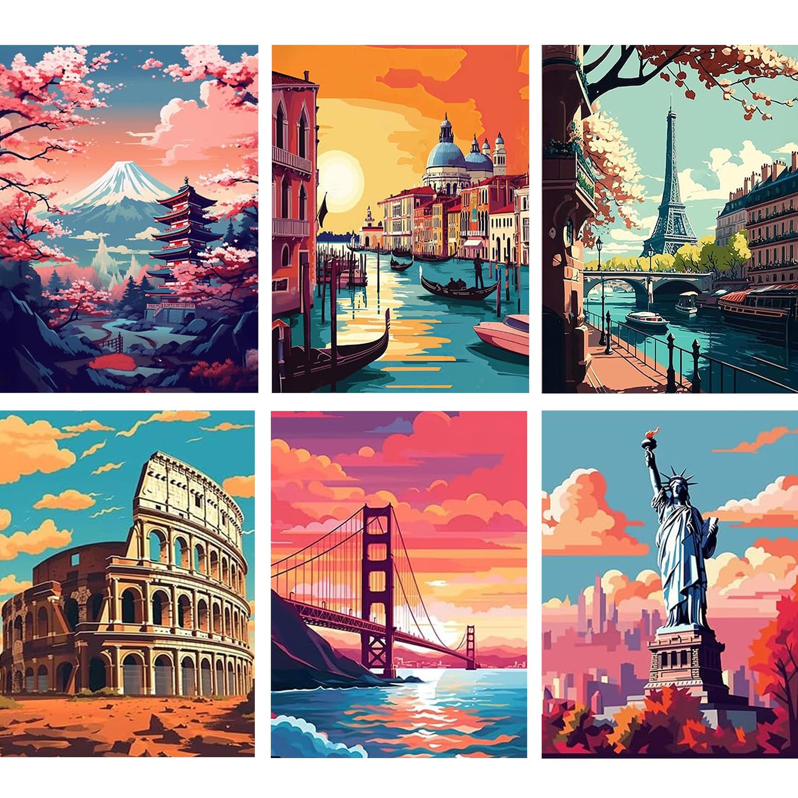 Jawecci 6 Pack Diamond Art Kits for Adults Beginners, City Travel Diamond Painting, 5D DIY Full Drill Landscape Diamond Painting Adults Craft Gifts for Home Decor 30x40cm/12x16in