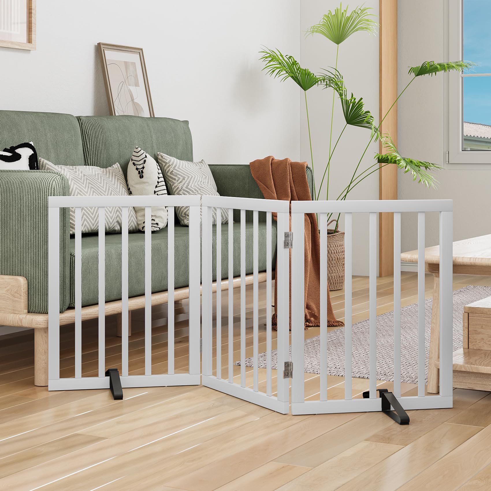 Morwdxef Freistehendes Hundegitter, Faltbares Hundebarriere für Tür,Treppen,Flur,Küche & Schlafzimmer, Freistehenden Haustiergitter aus Bambus, Absperrgitter Hund Schutzgitter mit 2 Stützfüßen