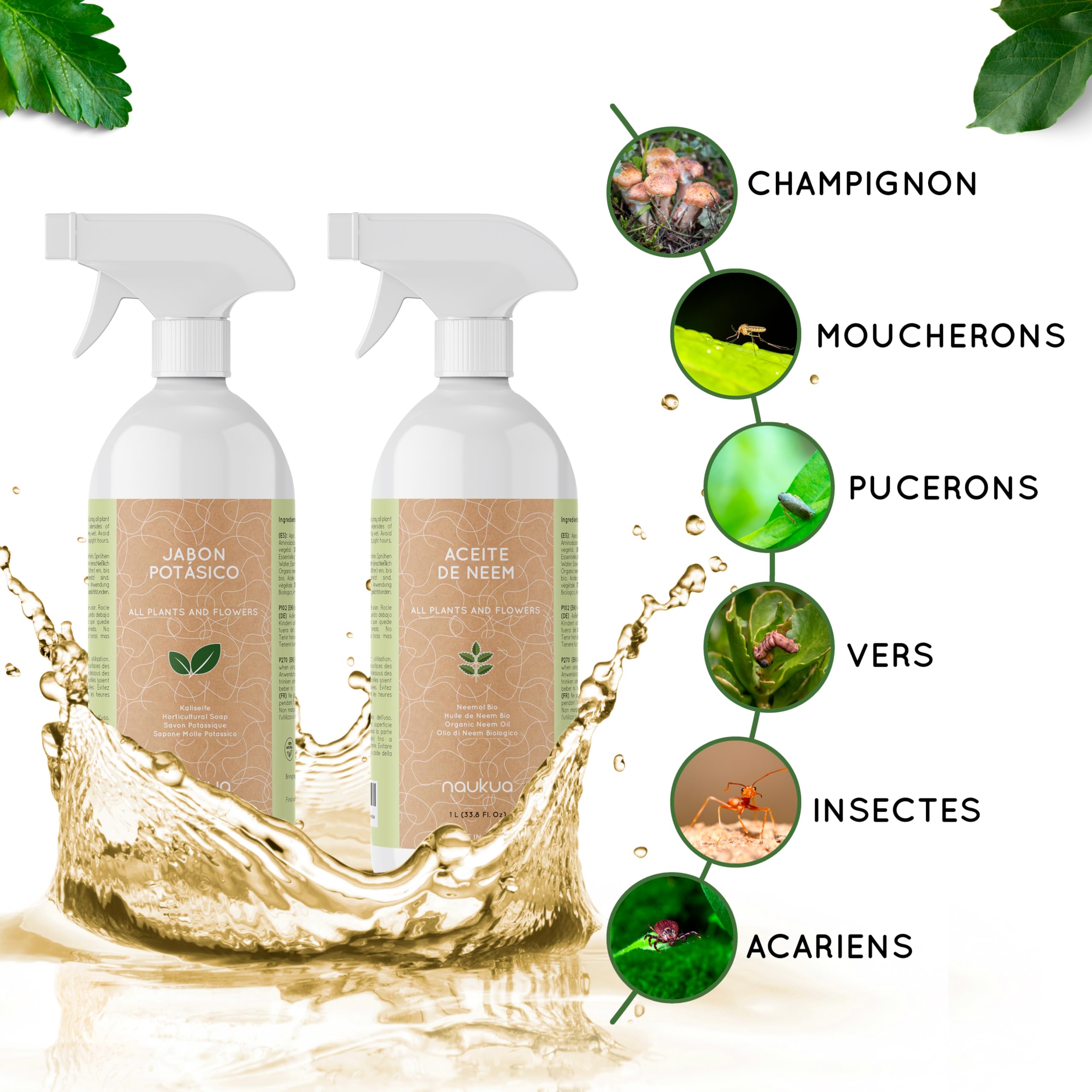 Paquet 2x1 - Savon à l'huile de Neem et au Potassium - 100% Naturel Ecologique - Active Les défenses Naturelles des Plantes d'intérieur et d'extérieur - Spray Prêt à l'emploi, 1L chacun