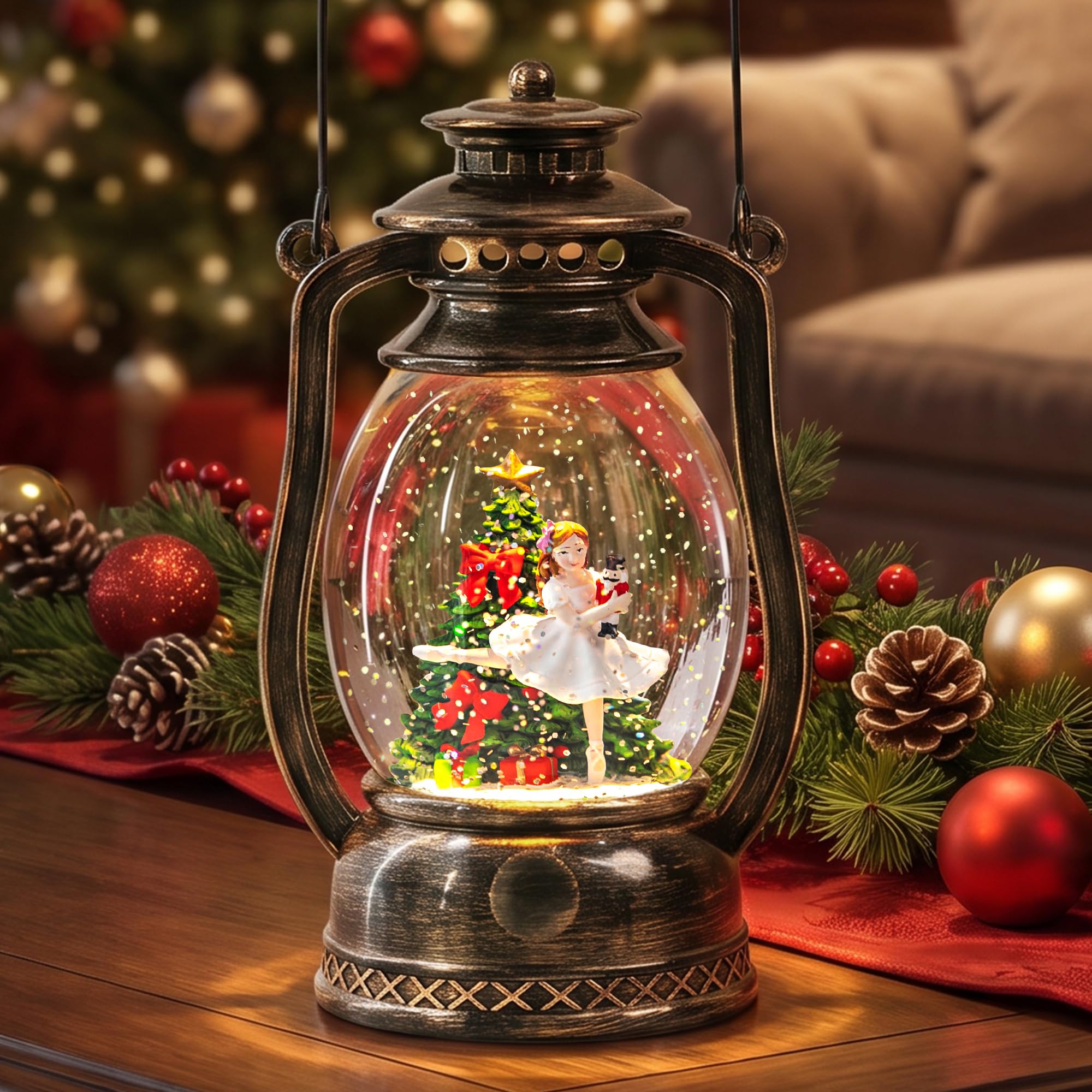 Christmas Snow Globe Lantern with LED Lighted Water Glitter, Hanging Kerosene Style Ballerina Tree Scene, Vintage Bronze Tabletop Holiday Decoration Gifts