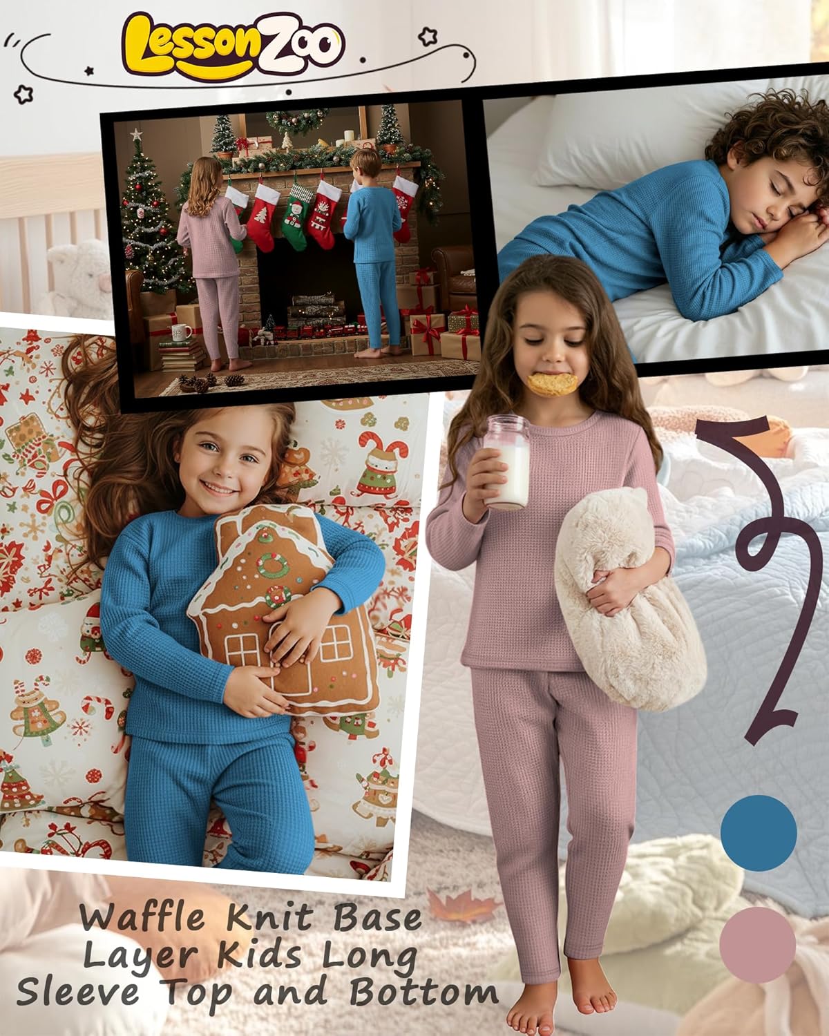 2 Pack Thermal Underwear Kids Set Waffle Knit Base Layer Boys Girls Unisex Long Sleeve Top and Bottom Cold Weather - Image 3