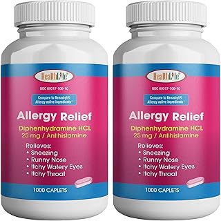 HEALTH LFE Allergy Relief, Medicine Diphenhydramine HCl Caplets, 25 mg | Children and Adults | Relieves Sneezing, Runny Nose, Hay Fever Symptoms, Itchy Eyes and Throat (Large,1000 Count) (Pack of 2)