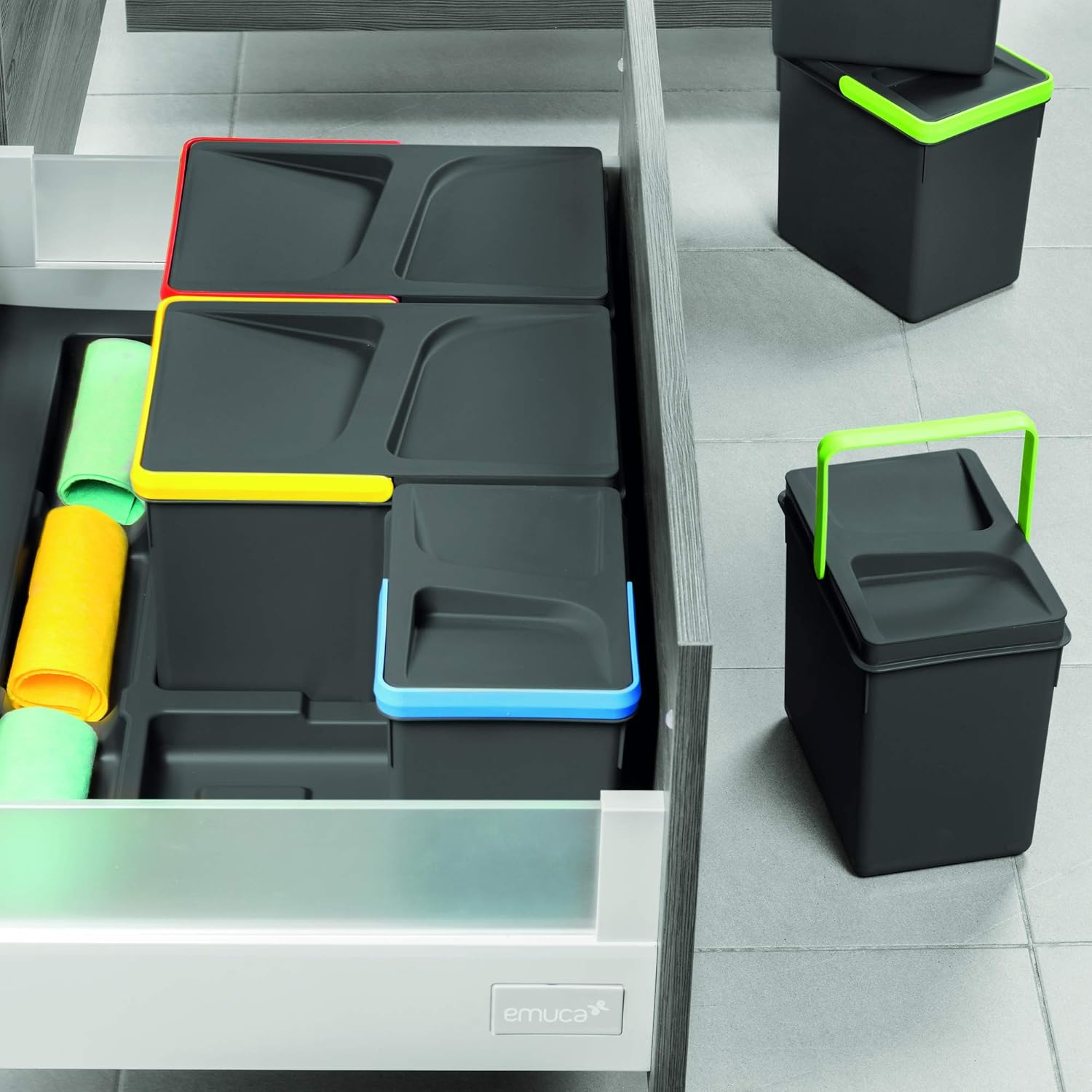 Emuca, Waste Sorting Cut-Out Base, Set of 2 Bins Height 216mm with 6 litres Capacity, Grey, H 216 mm (2x6L)