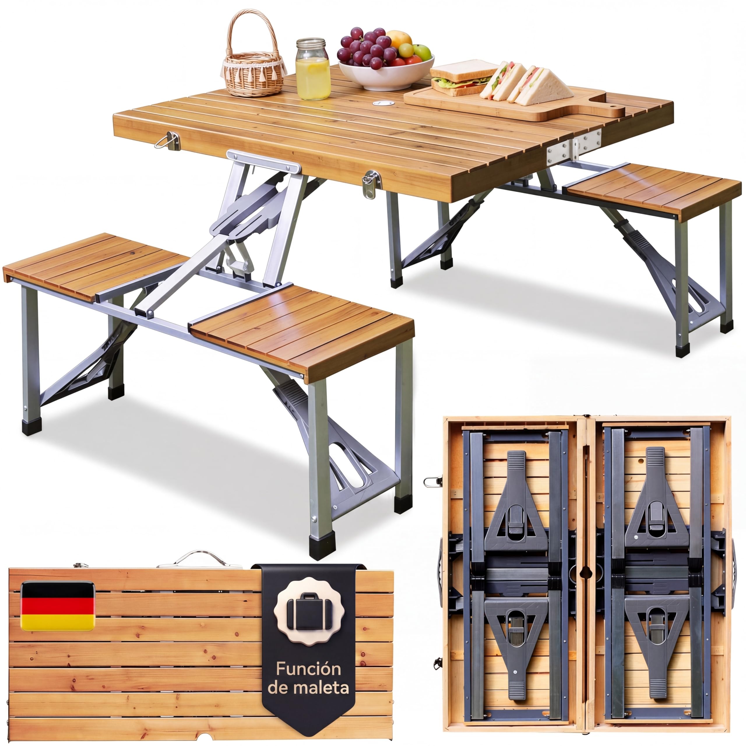 CASARIA® Set de Mesa Plegable Camping y 4 Asientos Madera Función Maleta Compacta Asa de Transporte Orificio para Sombrilla Resistente Intemperie Ideal Picnic Acampada Vacaciones Excursión Festivales