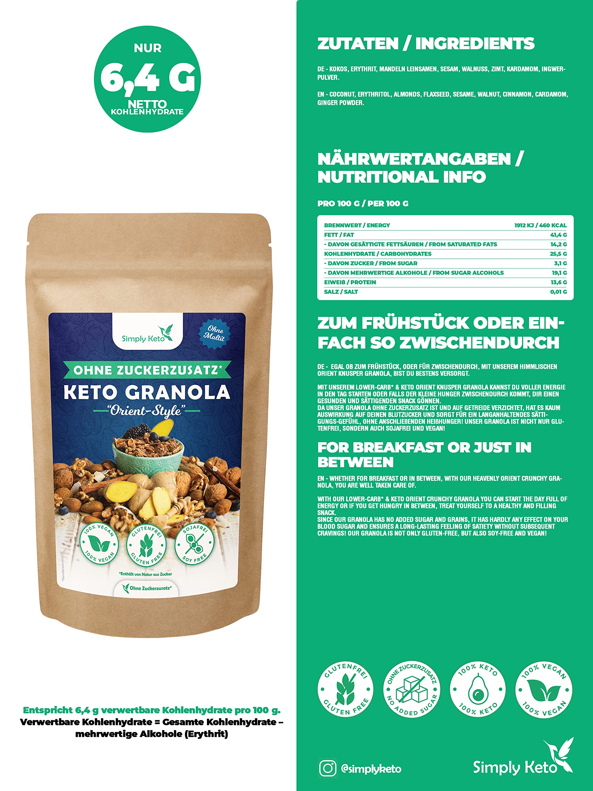Simply Keto Muesli Crujiente Orient Sun - Muesli bajo en carbohidratos sin azúcar - 250g Delicioso Keto Muesli para un desayuno perfecto - Paleo y Vegano - Sin soja, lactosa y gluten - 250g