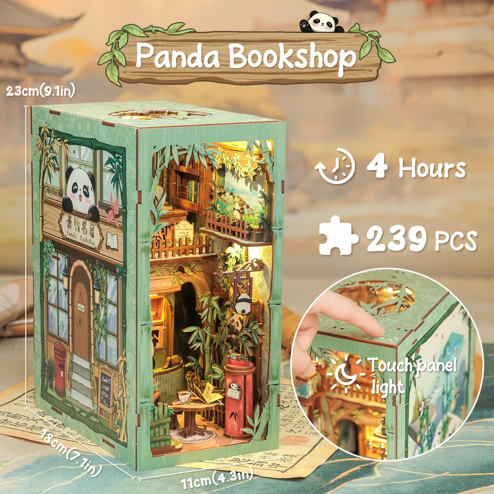 Cutefun Book Nook - Kit per la casa delle bambole in legno, fai da te, in miniatura, per la casa delle bambole, per la libreria, per le case, con luci a LED, per la libreria, per panda Bookshop(DY02)