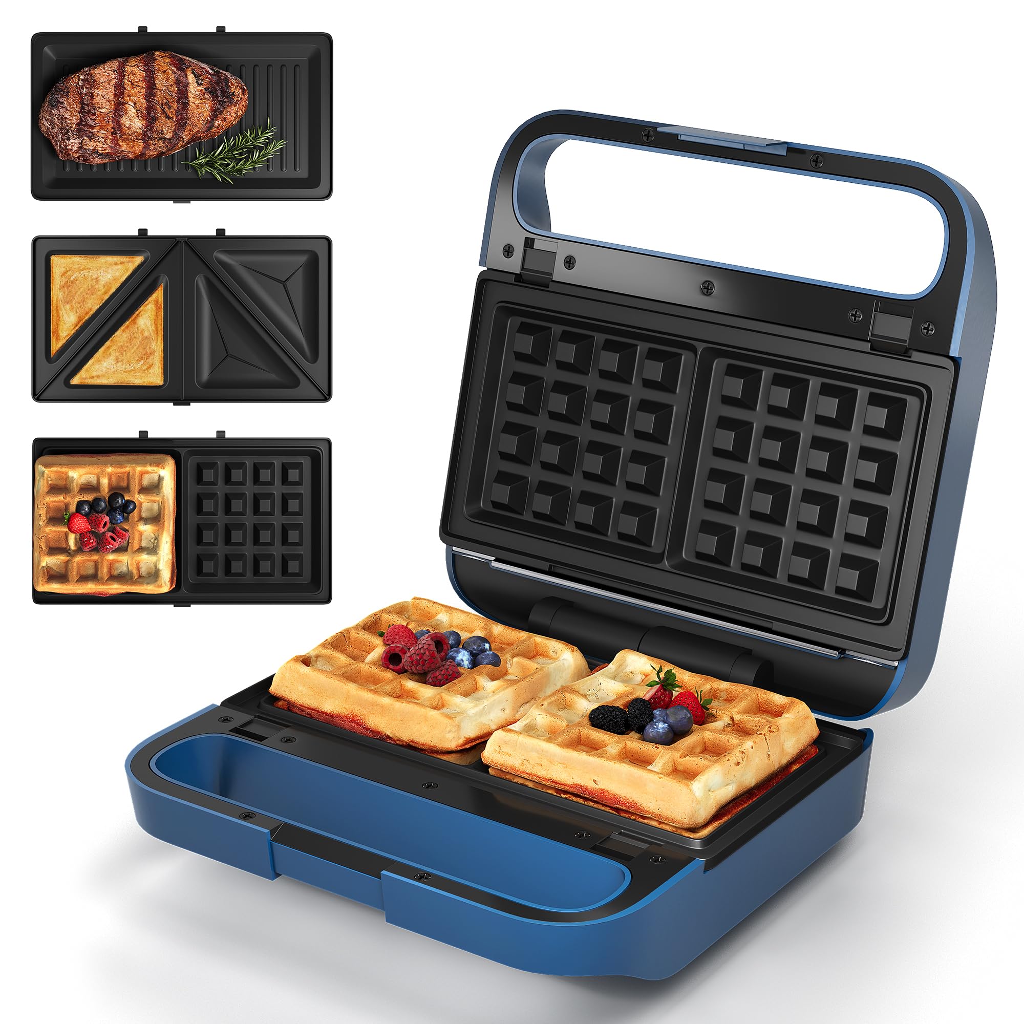 3 in 1 Electric Sandwich Maker with Removable Nonstick Plates - 850W,Blue