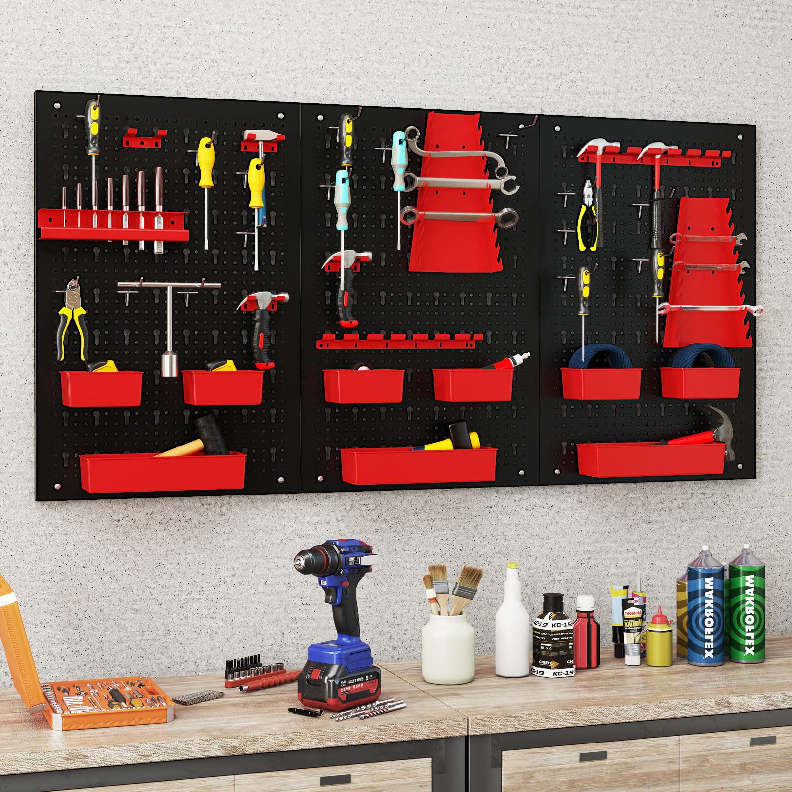 COSTWAY Organizador de Herramientas de Pared, Panel Perforado con 9 Contenedores PP, Soportes para Destornilladores y Brocas, 12 Ganchos, Almacén Resistente para Garaje, Taller (Negro y Rojo)