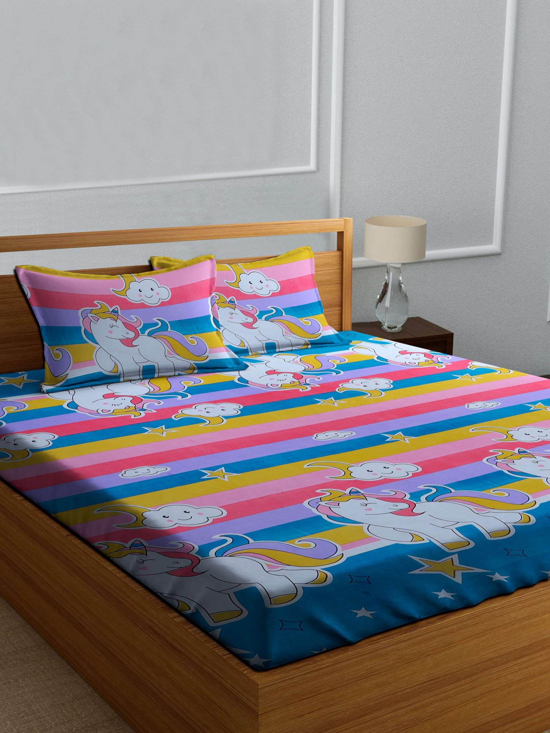 DECORUM Unicorn Kids Bedsheet Set for Double Bed | Cartoon Rainbow Print Cotton Bedsheet with 2 Pillow Covers | Soft & Vibrant Bedding Set for Girls | Colorful Kids Room Décor | 228 x 220 cm-image-23