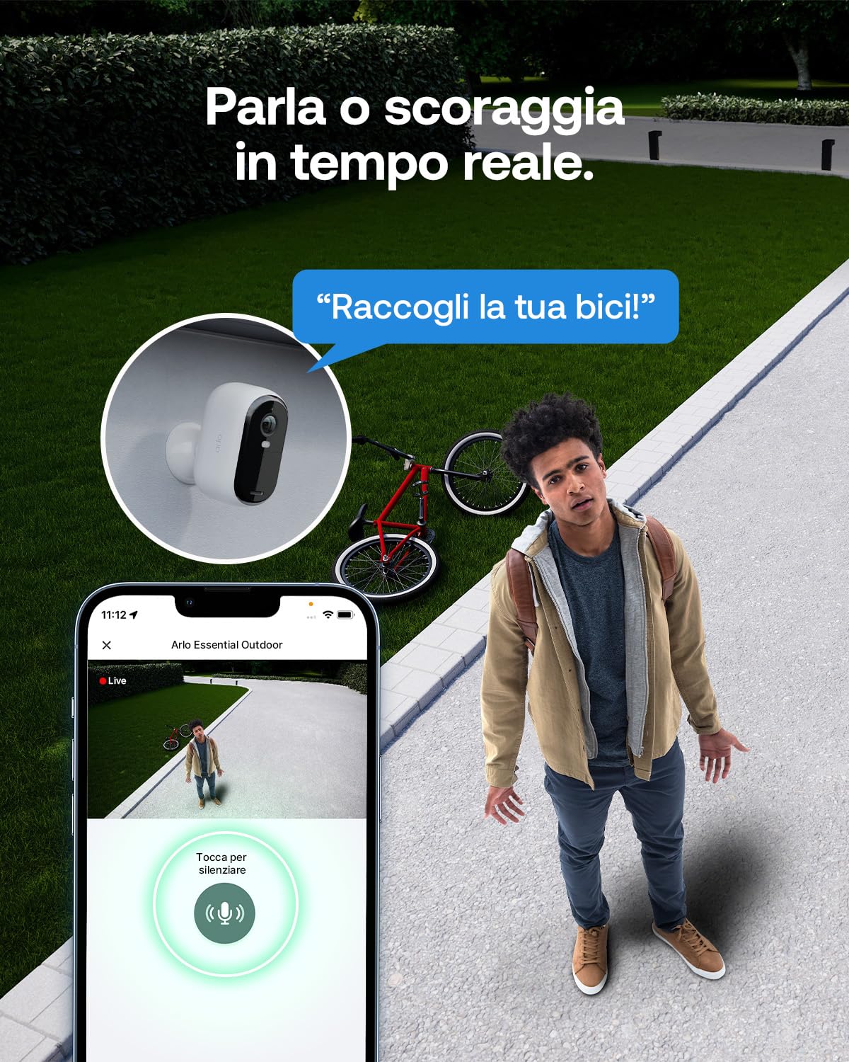 Arlo Essential - Telecamera di sorveglianza a batteria HD, per esterni, Wi-Fi, senza fili, video 1080p, visione notturna a colori, luce, rilevatore di movimento, sirena, audio a 2 vie, con periodo di