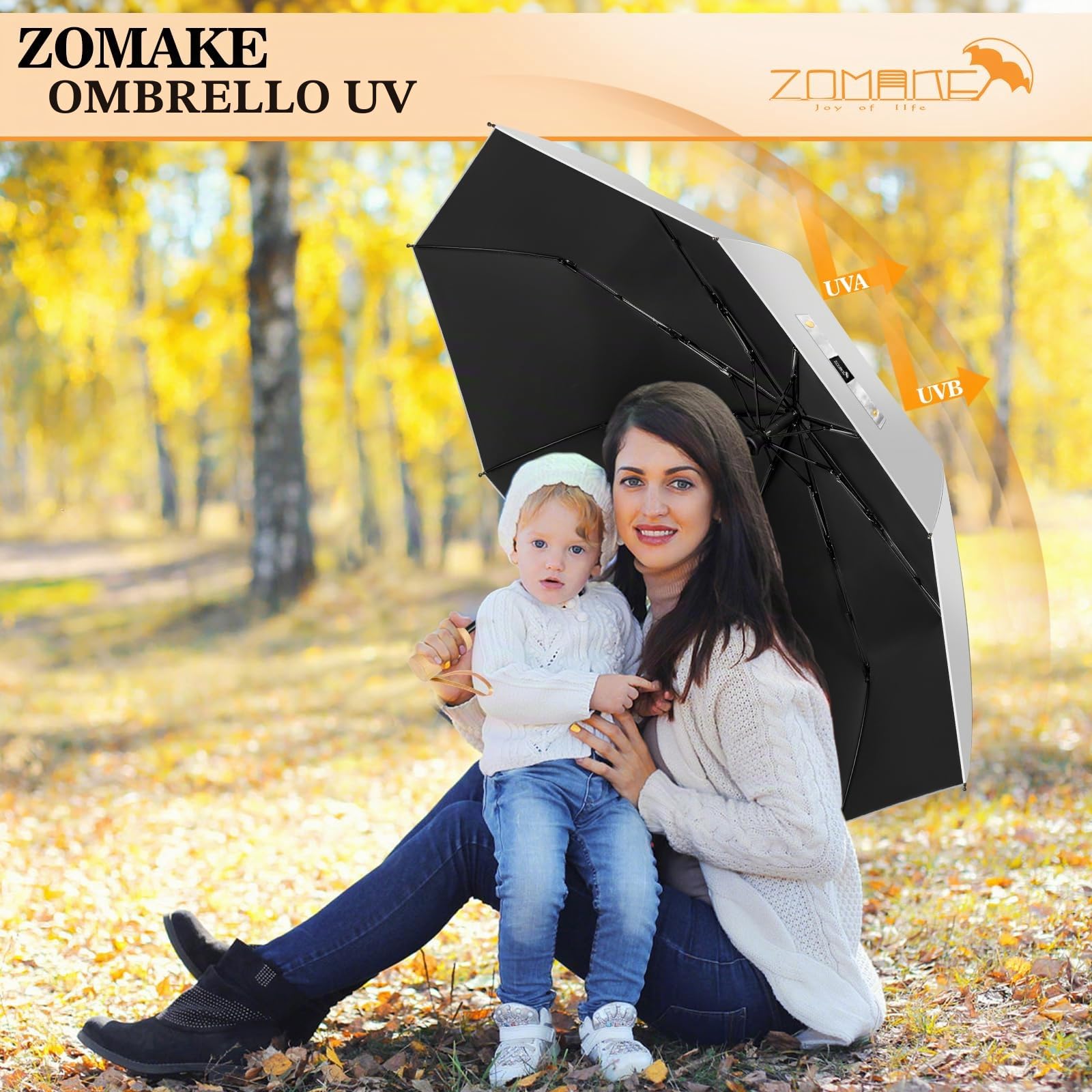 ZOMAKE Ombrello Parasole Anti Uv,Ombrelli Pioggia Pieghevole Antivento Automatica,Umbrello Compatto Da Sole Con Manico In Legno Per Uomo Donna