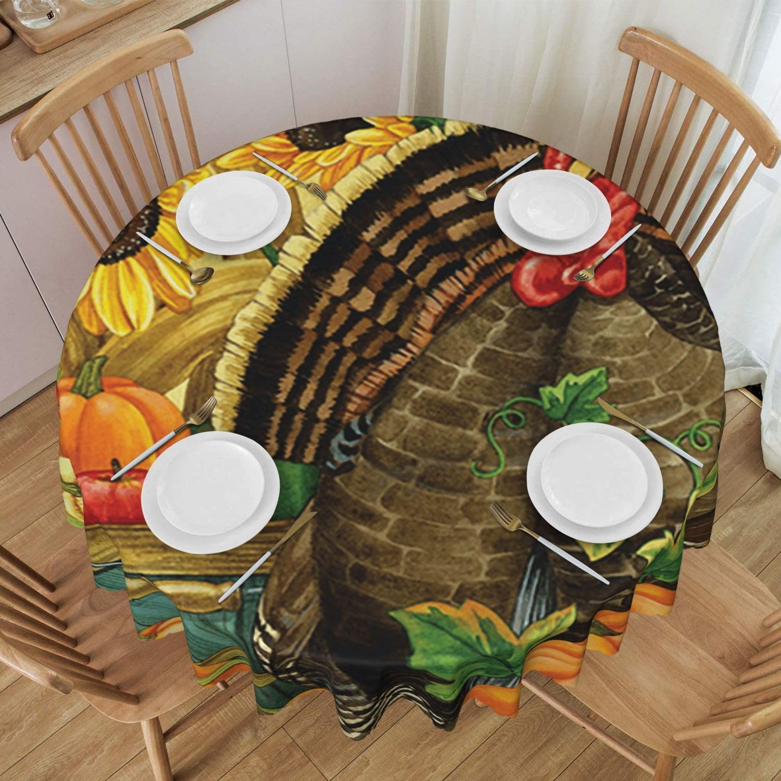 DCEHGEW 60 In Round Tablecloth with Lace, Thanksgiving Turkey Pumpkin Printed Oilproof & Washable Fabric Picnic Table Cloth Table Covers